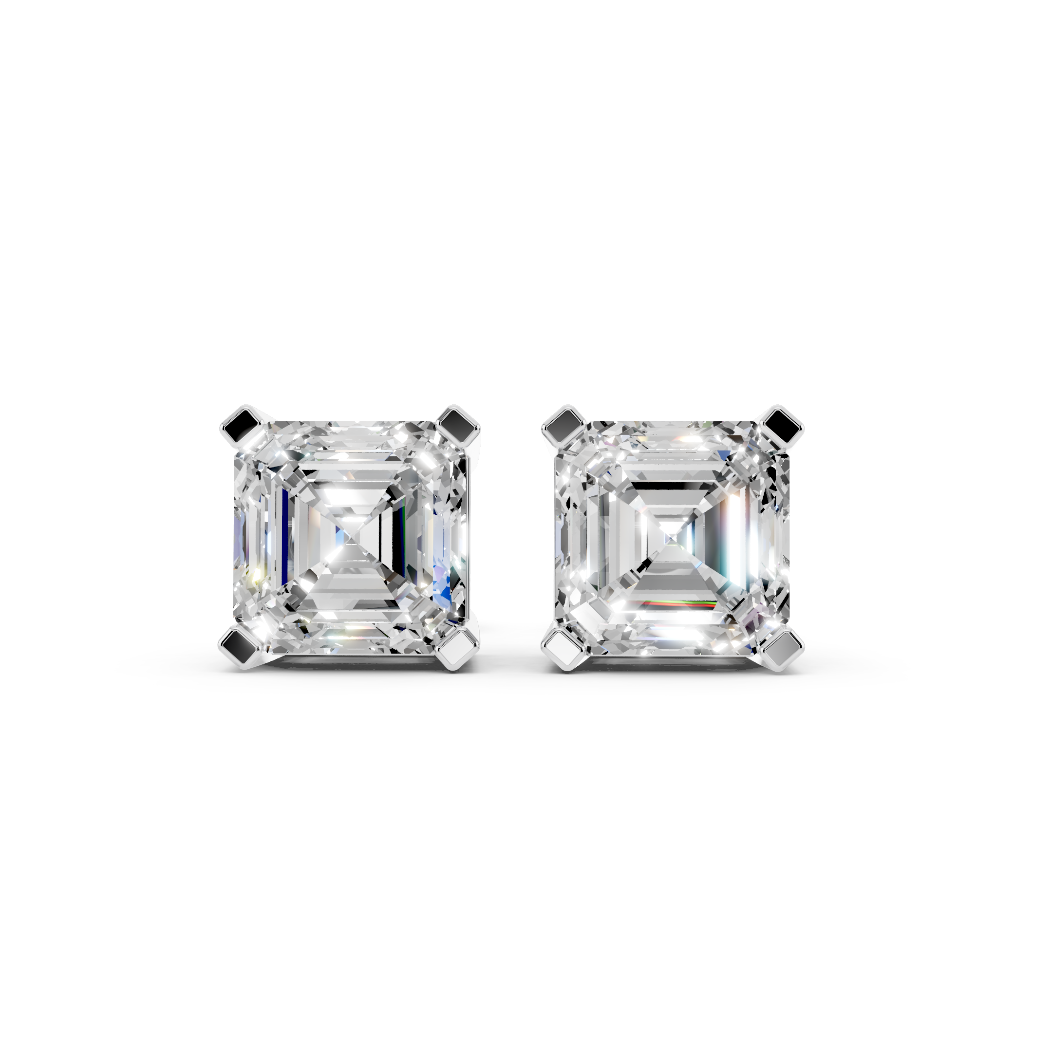 Front view of Asscher cut moissanite stud earrings 3 carat pair in sterling silver