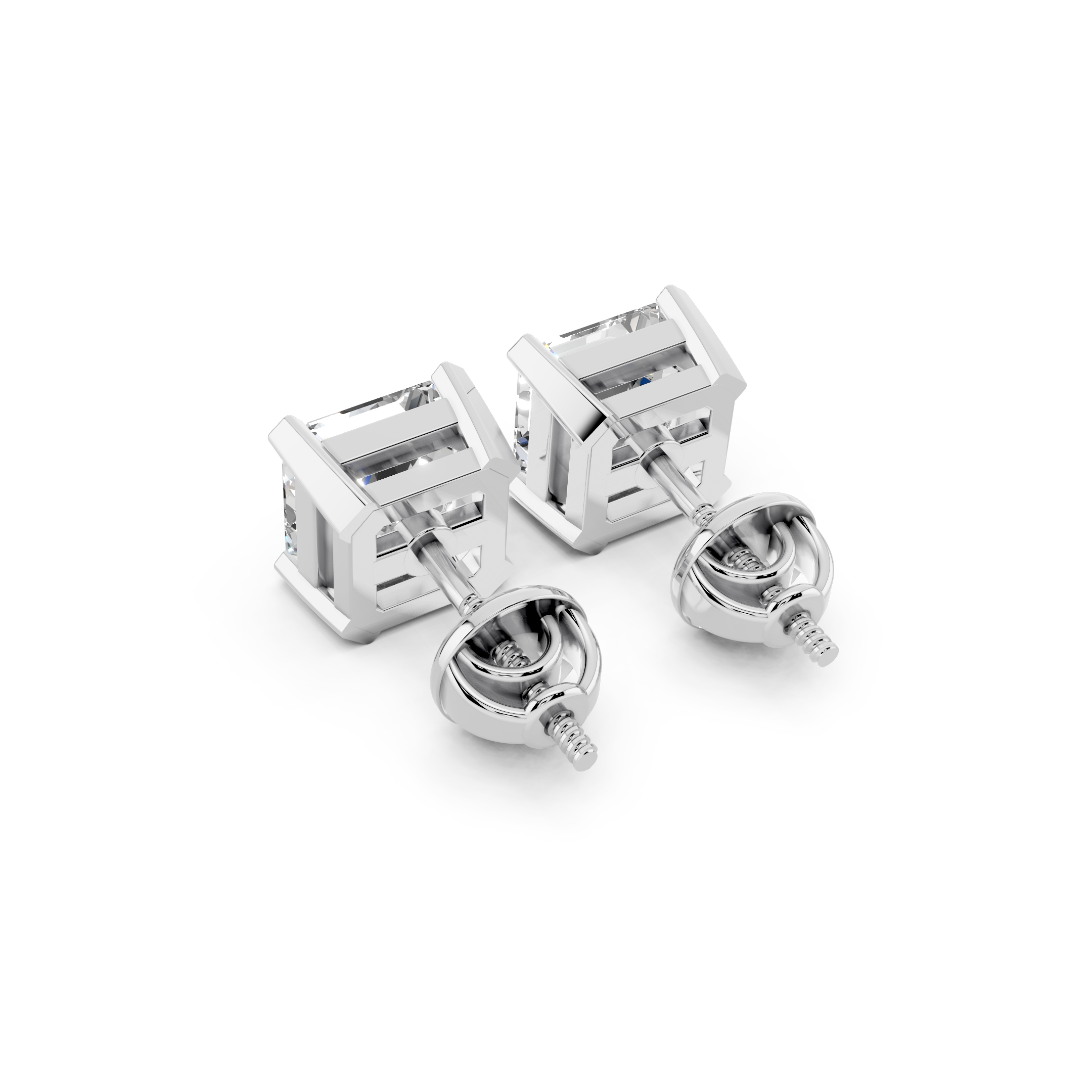 Side angle of Asscher cut moissanite stud earrings with screw back design