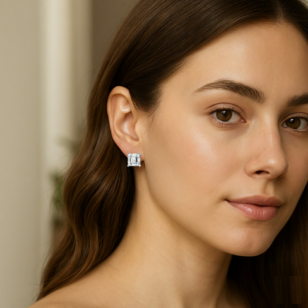 Woman wearing Asscher cut moissanite stud earrings in elegant lighting