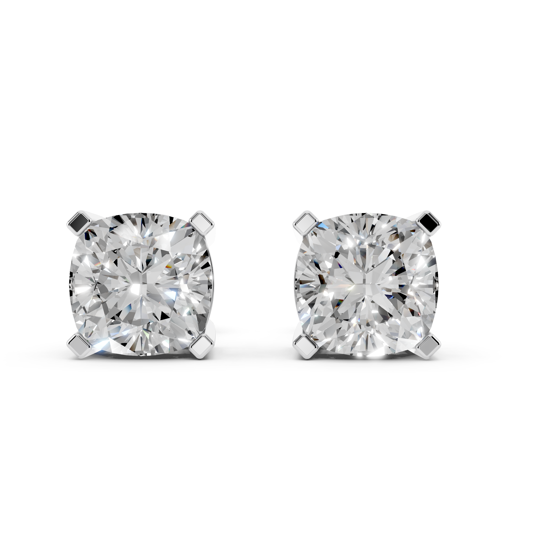 Front view of cushion cut moissanite stud earrings 3 carat pair in sterling silver
