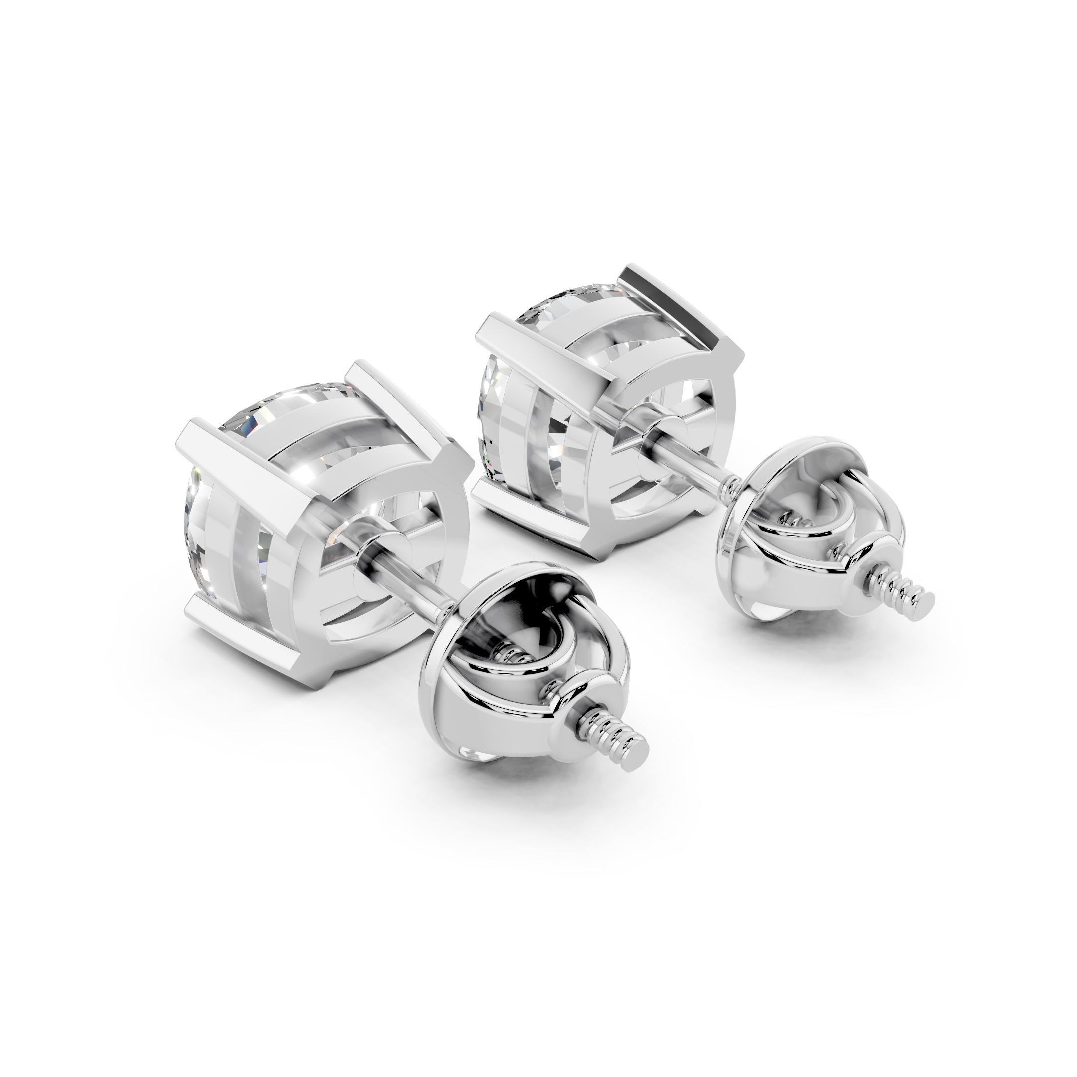 Side angle of cushion cut moissanite earrings with screw-back setting
