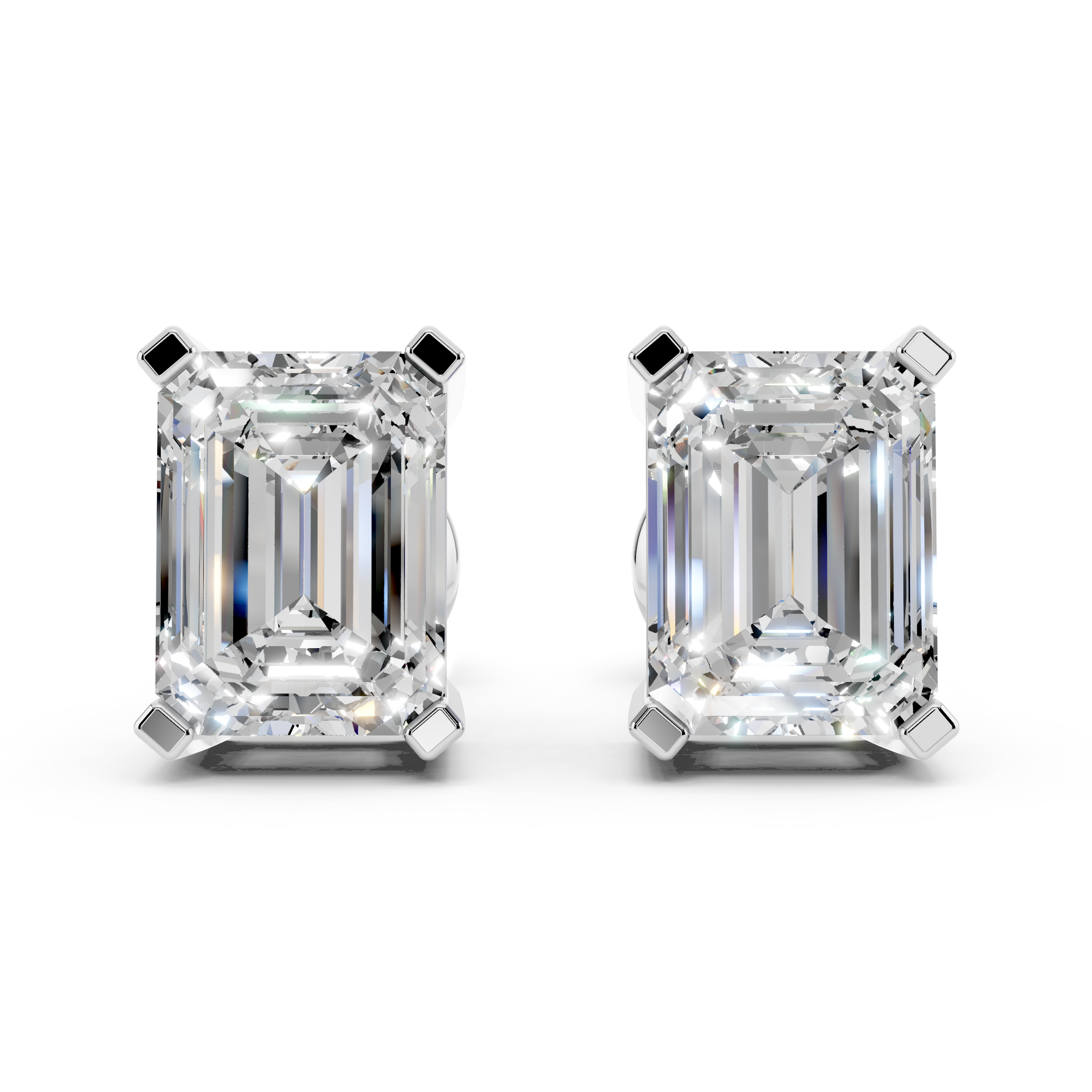 Front view of emerald cut moissanite stud earrings 3 carat pair in sterling silver