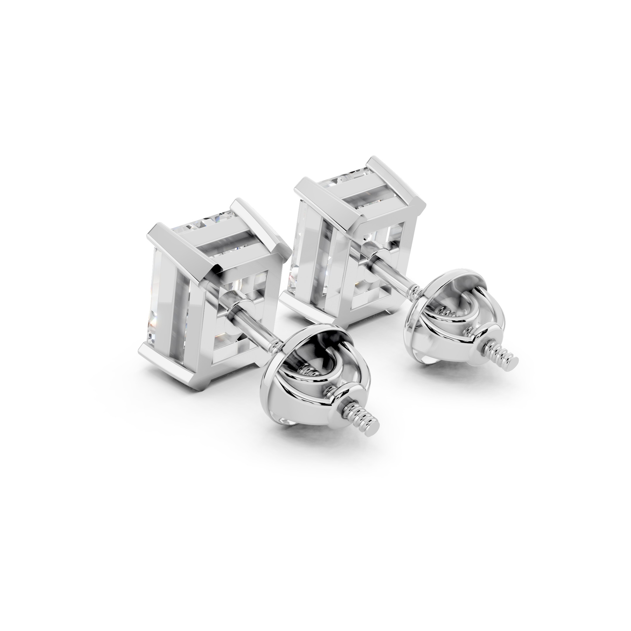 Side angle of emerald cut moissanite earrings with screw-back setting