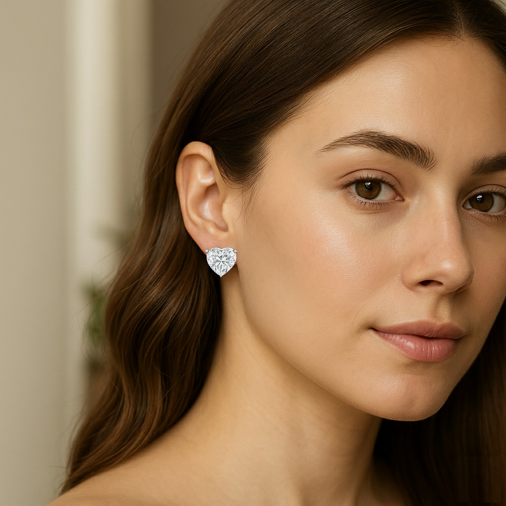 Woman wearing heart cut moissanite stud earrings in natural light
