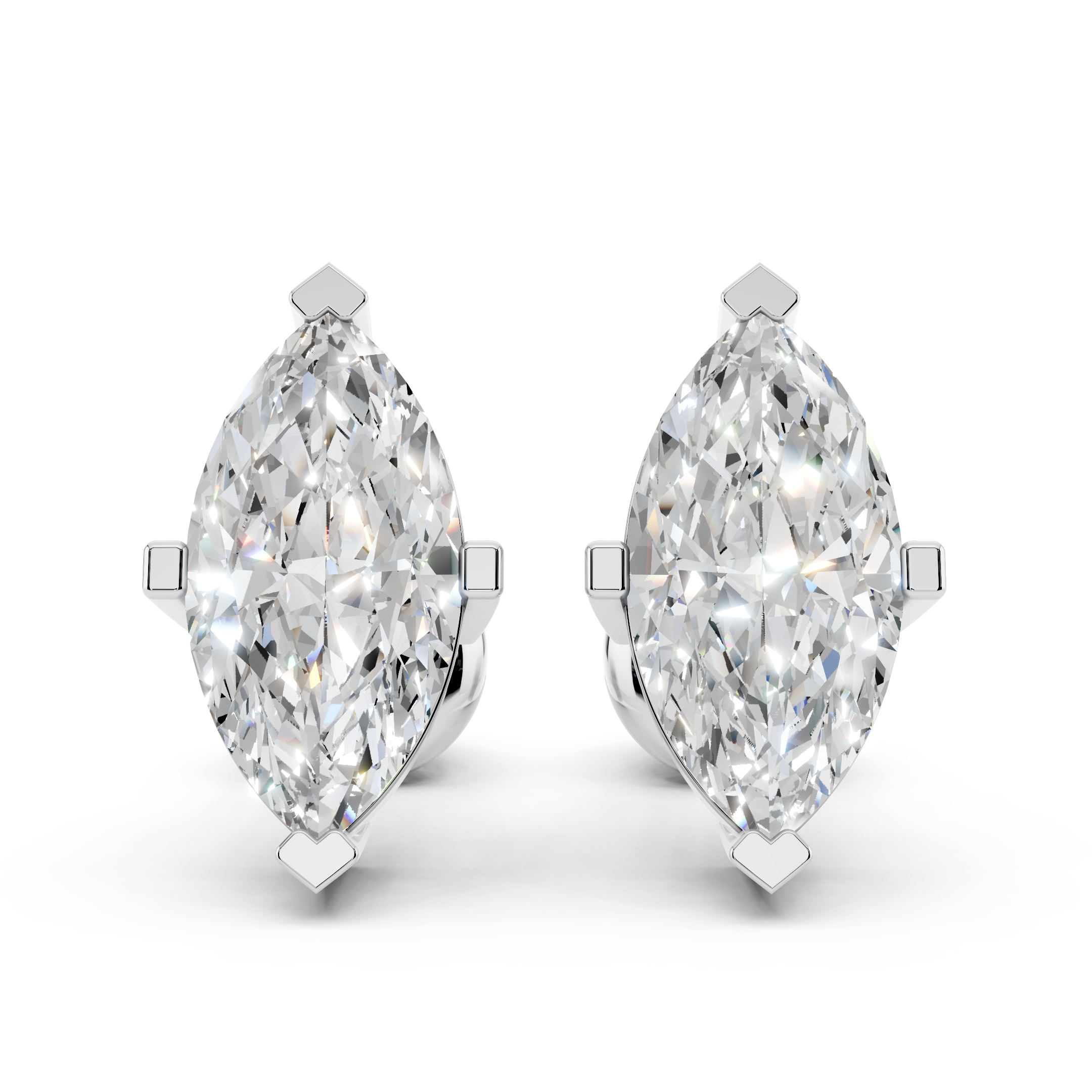 Front view of marquise cut moissanite stud earrings 2 carat pair in sterling silver