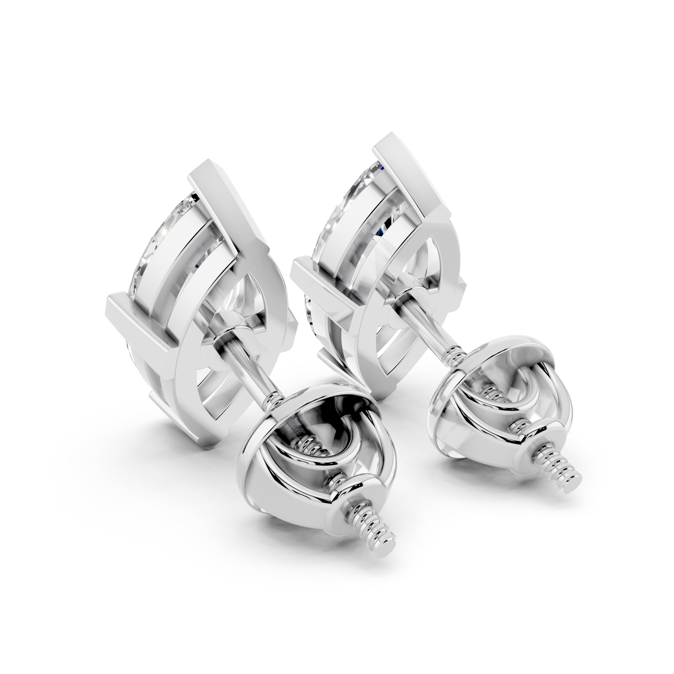Side angle of marquise cut moissanite earrings with screw-back setting