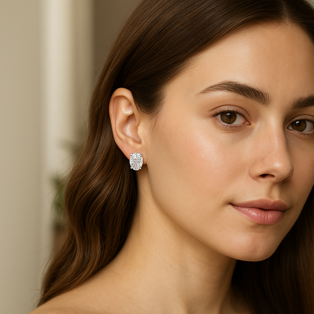 Woman wearing oval cut moissanite stud earrings with elegant natural look