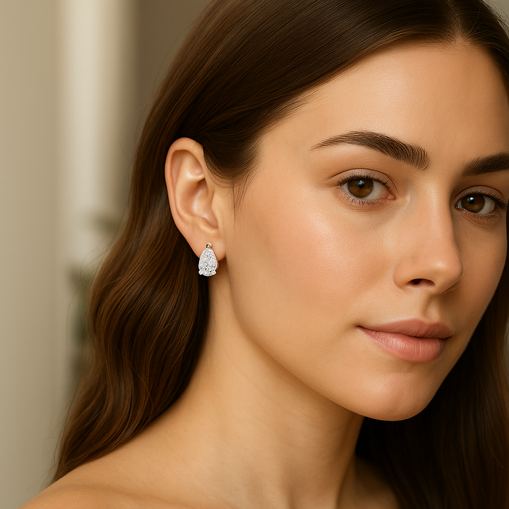 Woman wearing pear cut moissanite stud earrings for elegant look