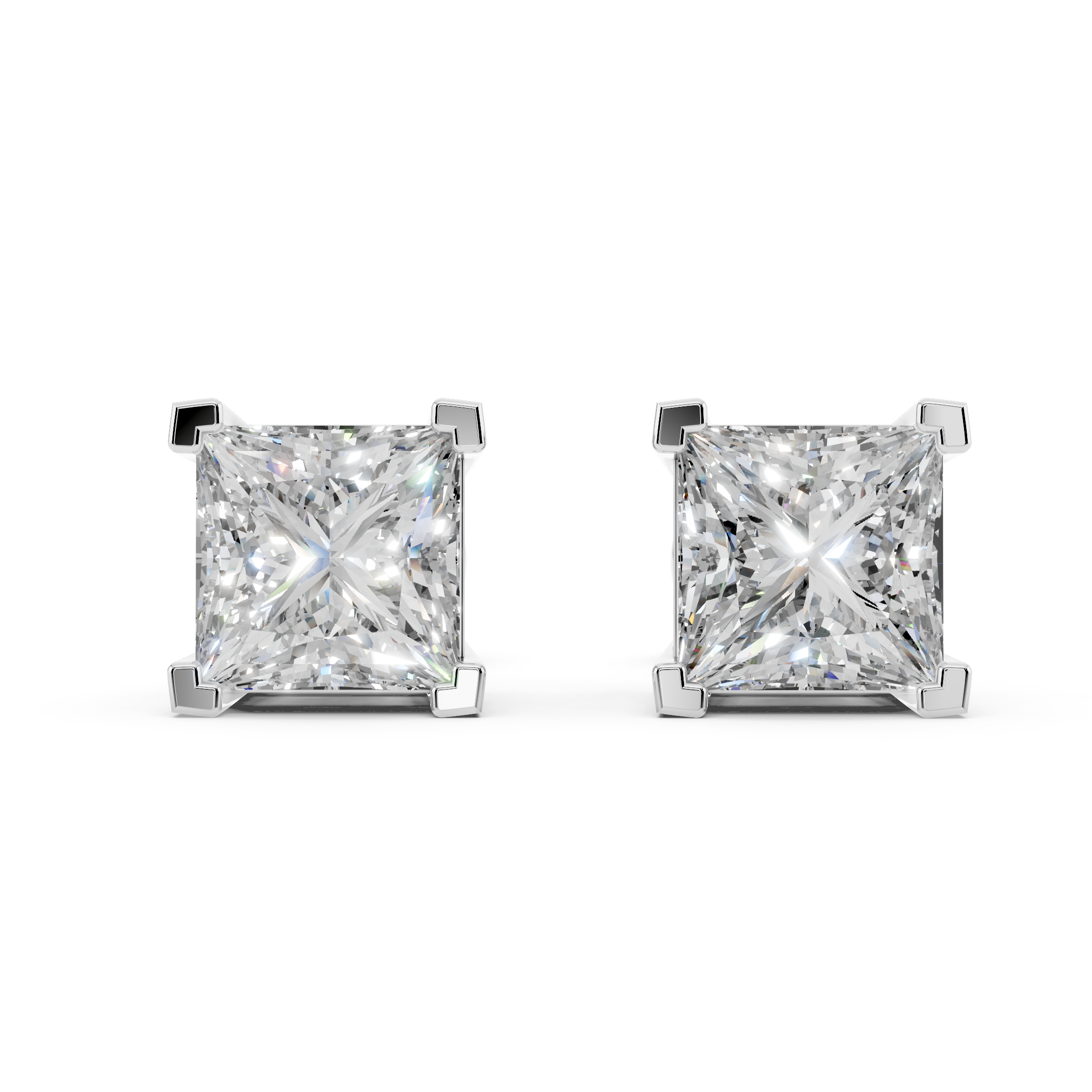 Front view of princess cut moissanite stud earrings 3 carat pair in sterling silver