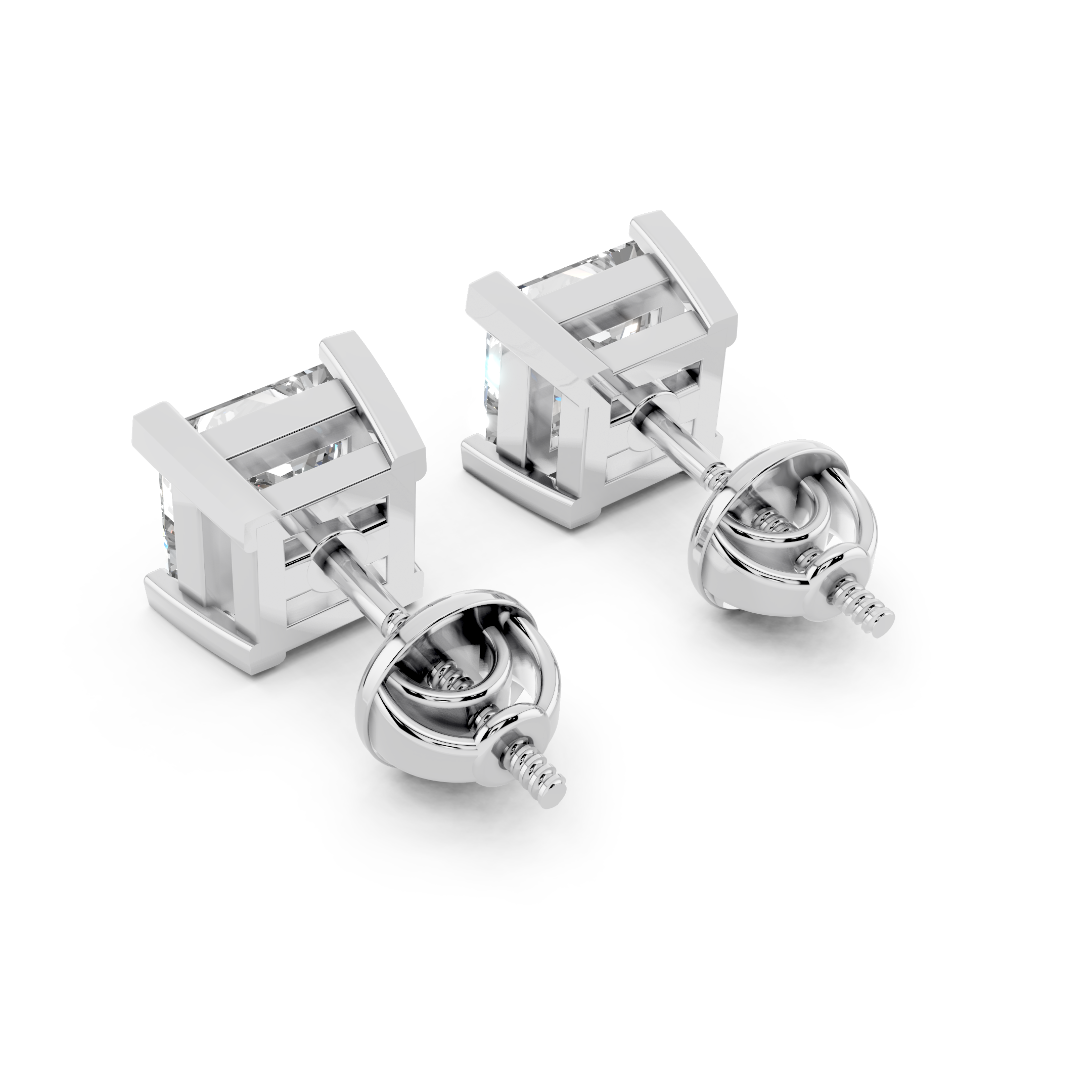 Side angle of princess cut moissanite stud earrings with screw back setting