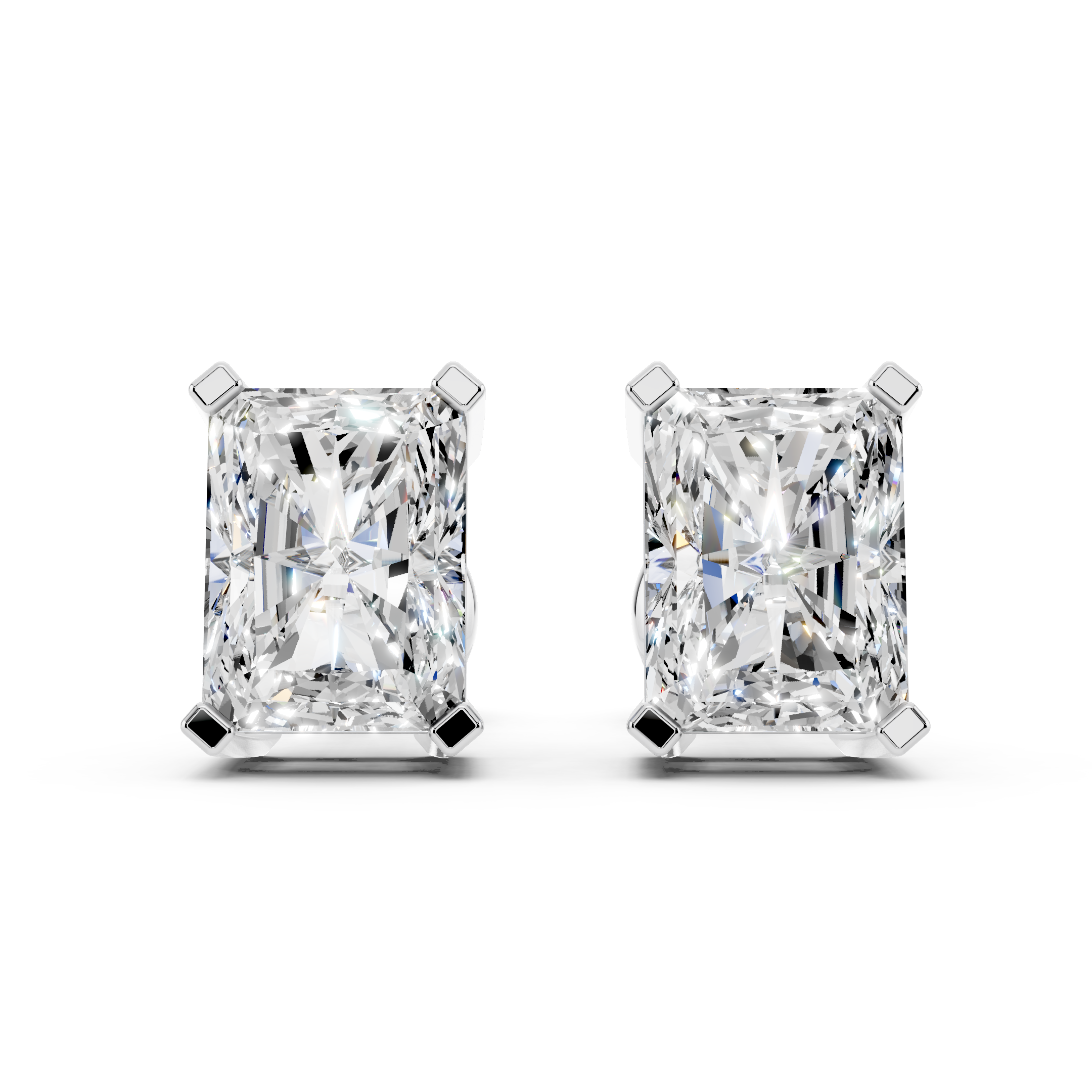 Front view of radiant cut moissanite stud earrings 3 carat pair in sterling silver