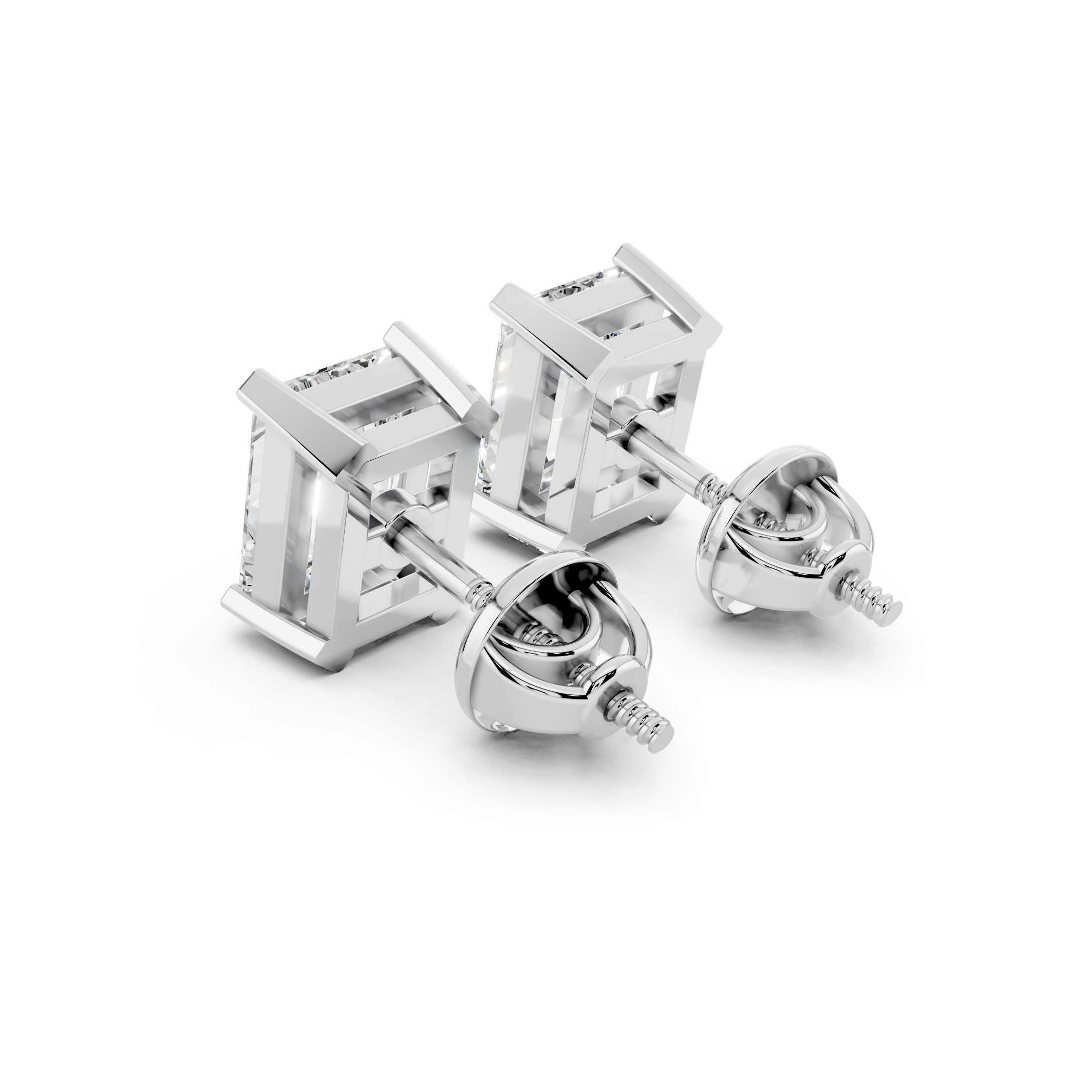 Side angle of radiant cut moissanite stud earrings with screw back setting