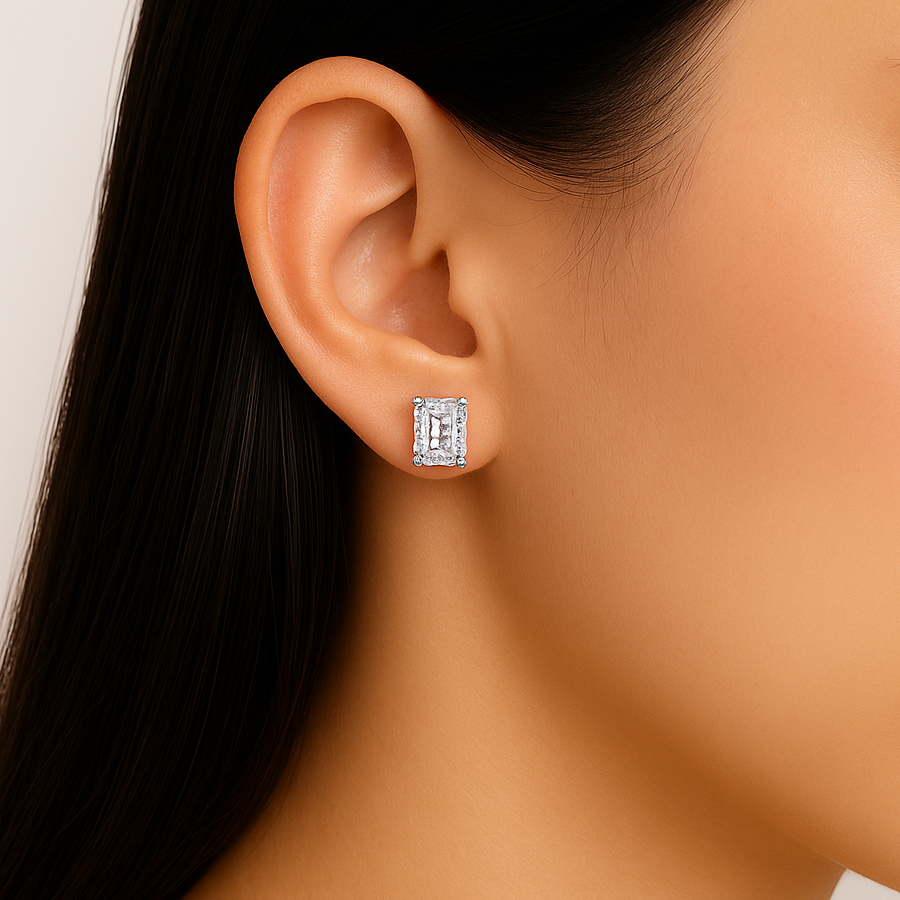 Radiant cut moissanite stud earring on ear close-up view