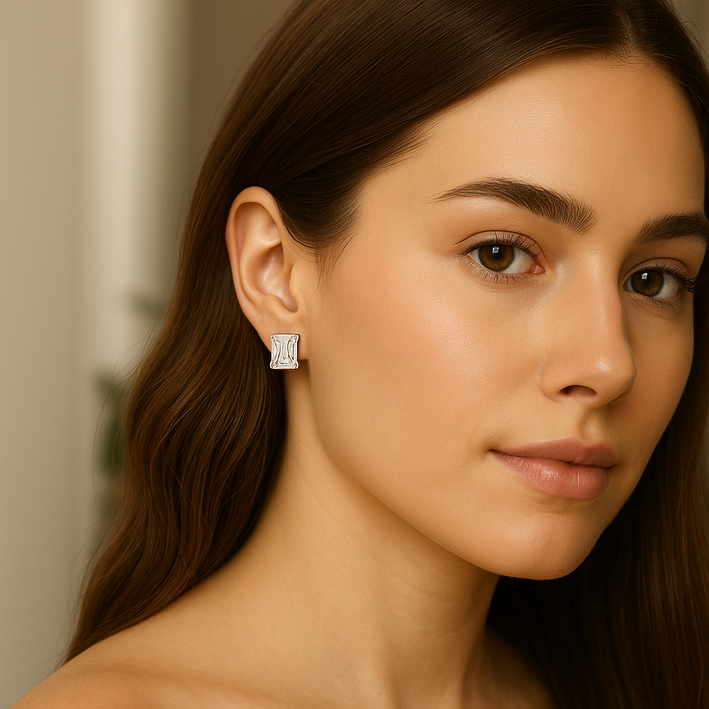 Woman wearing radiant cut moissanite stud earrings for elegant minimal style