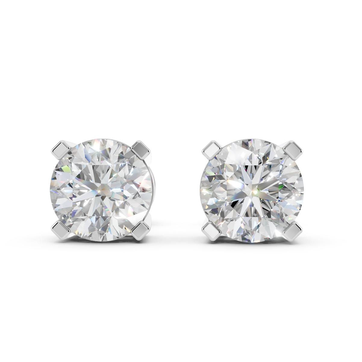 Front view of round cut moissanite stud earrings 2 carat pair in sterling silver