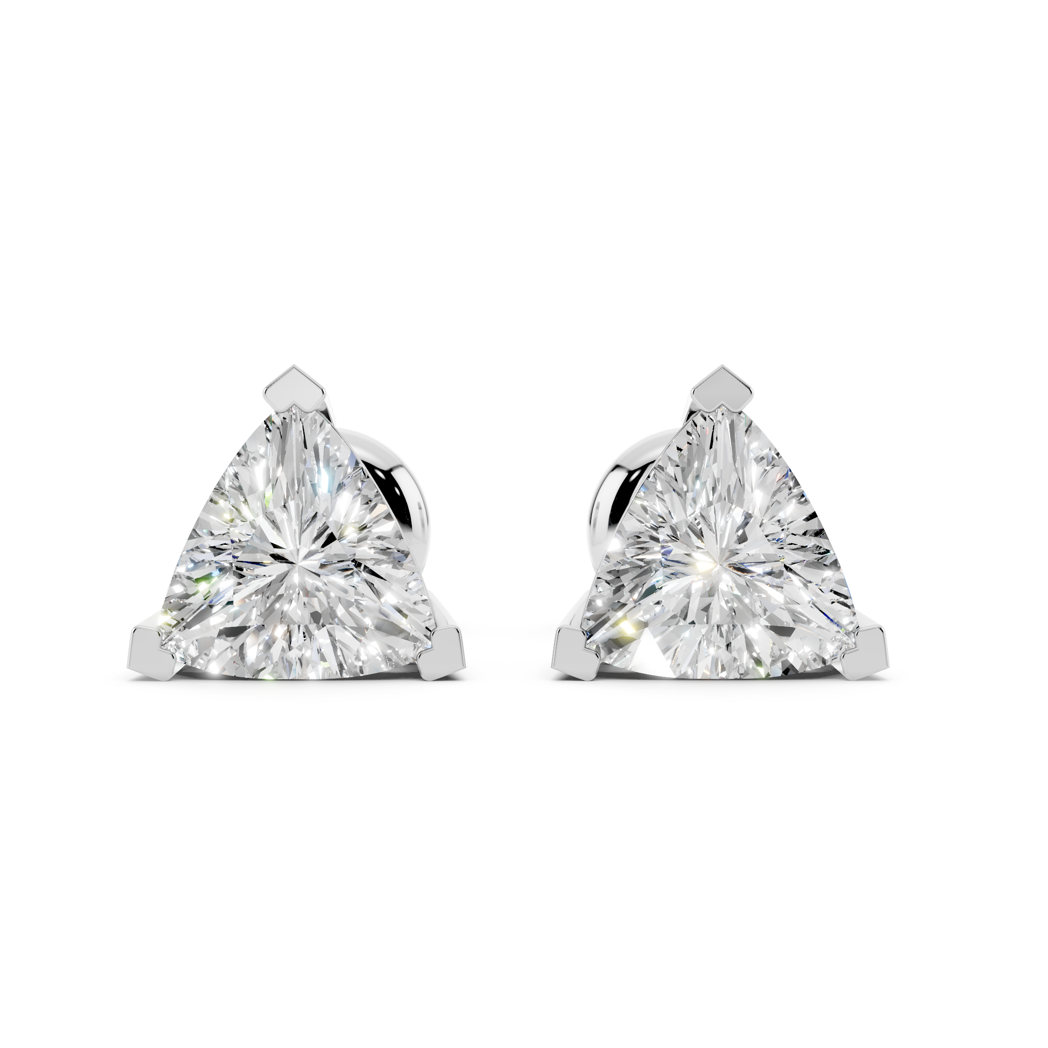 Front view of trilliant cut moissanite stud earrings 2 carat pair in sterling silver
