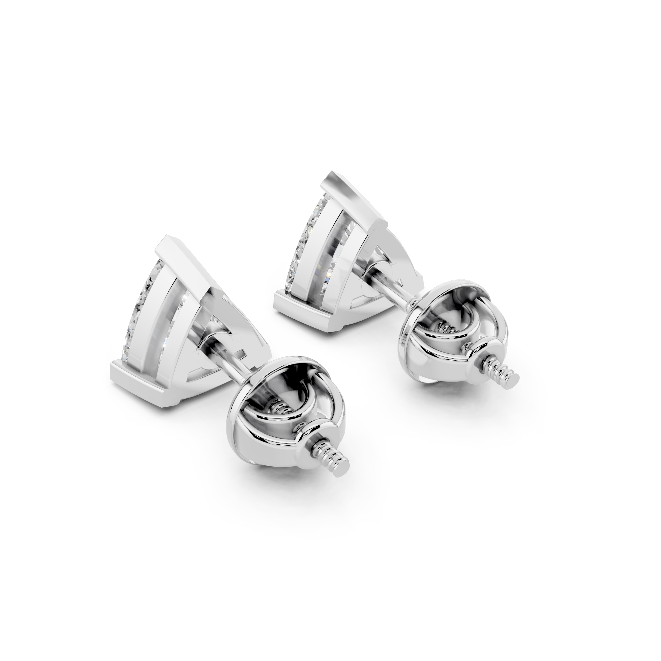 Side angle of trilliant cut moissanite earrings with screw back setting
