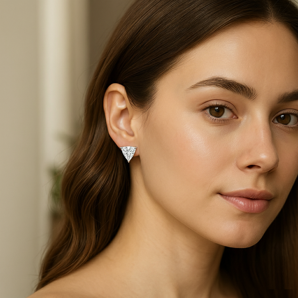 Woman wearing trilliant cut moissanite stud earrings in natural light