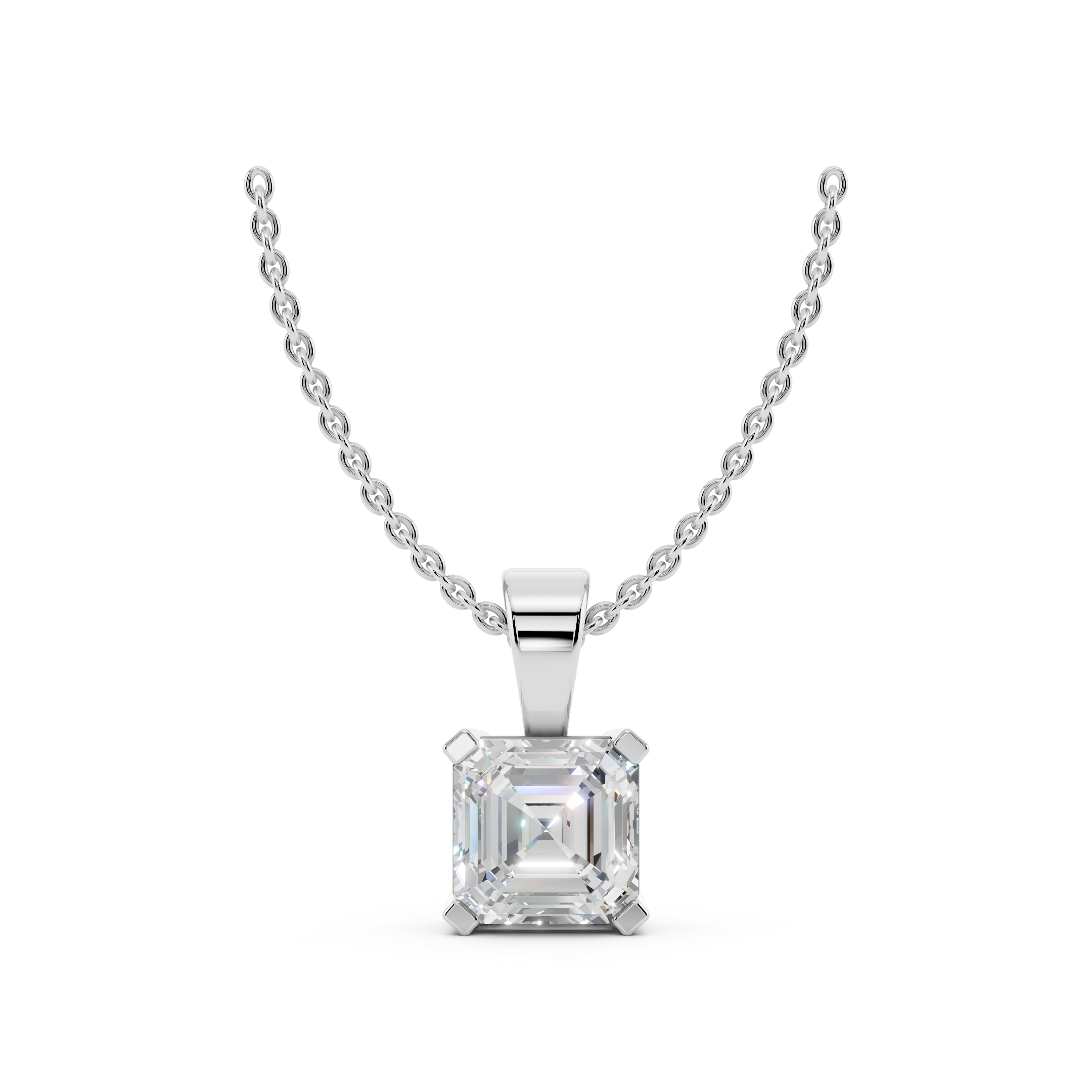Front view of asscher cut moissanite pendant necklace 2.5 carat in sterling silver