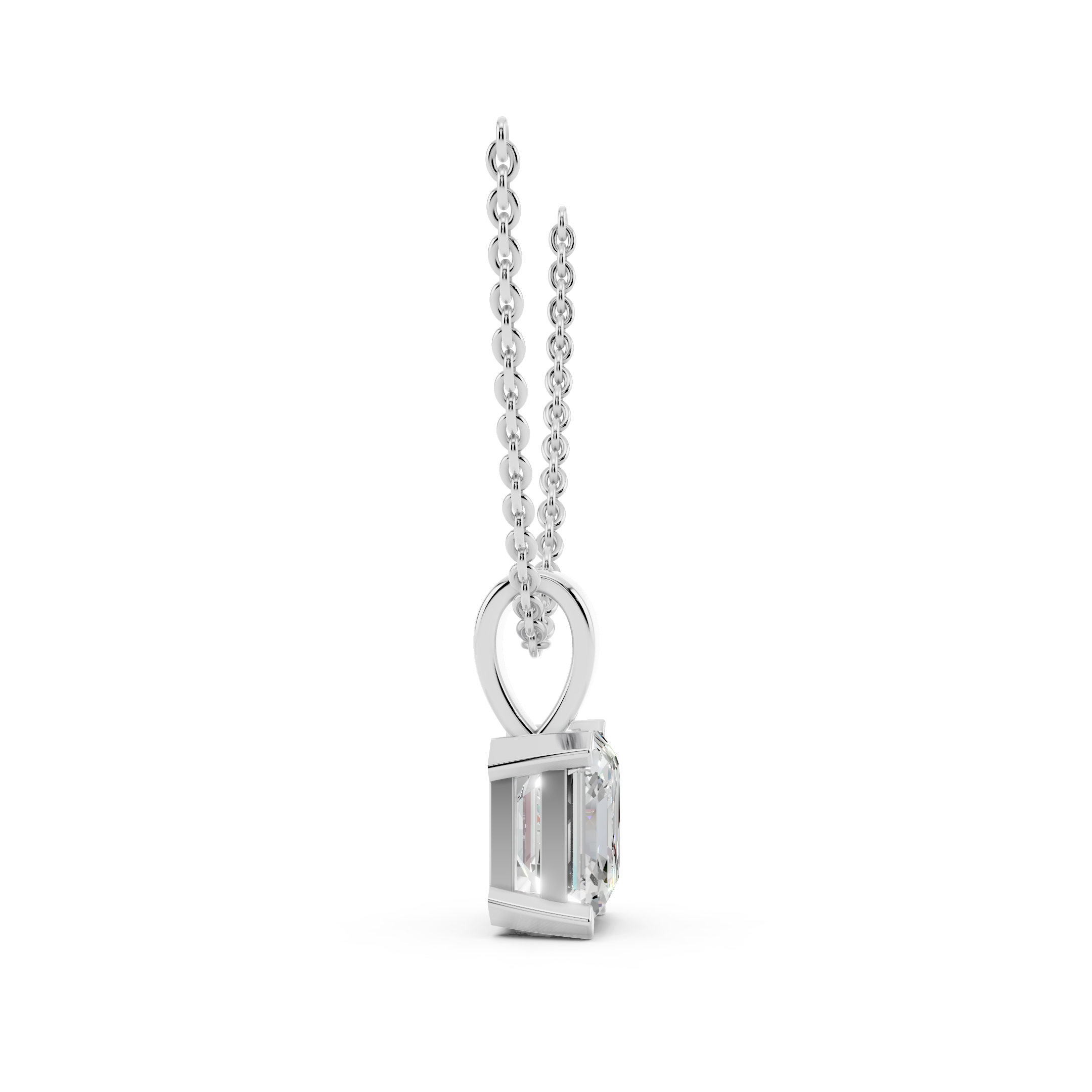 Side profile of asscher cut moissanite pendant showing clarity and brilliance