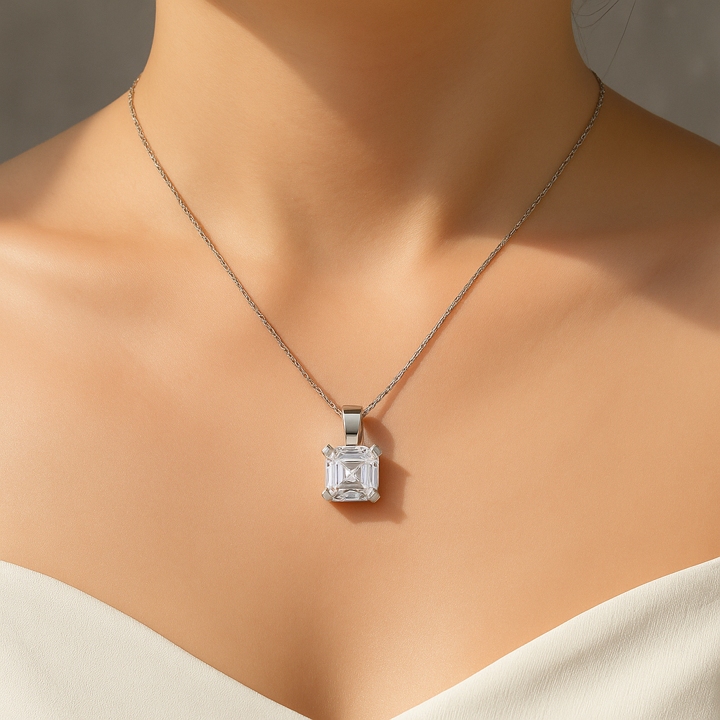 Asscher cut moissanite pendant necklace close-up view on model’s neck