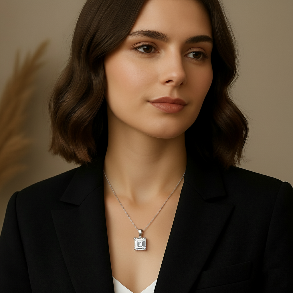 Woman wearing asscher cut moissanite pendant necklace with silver chain