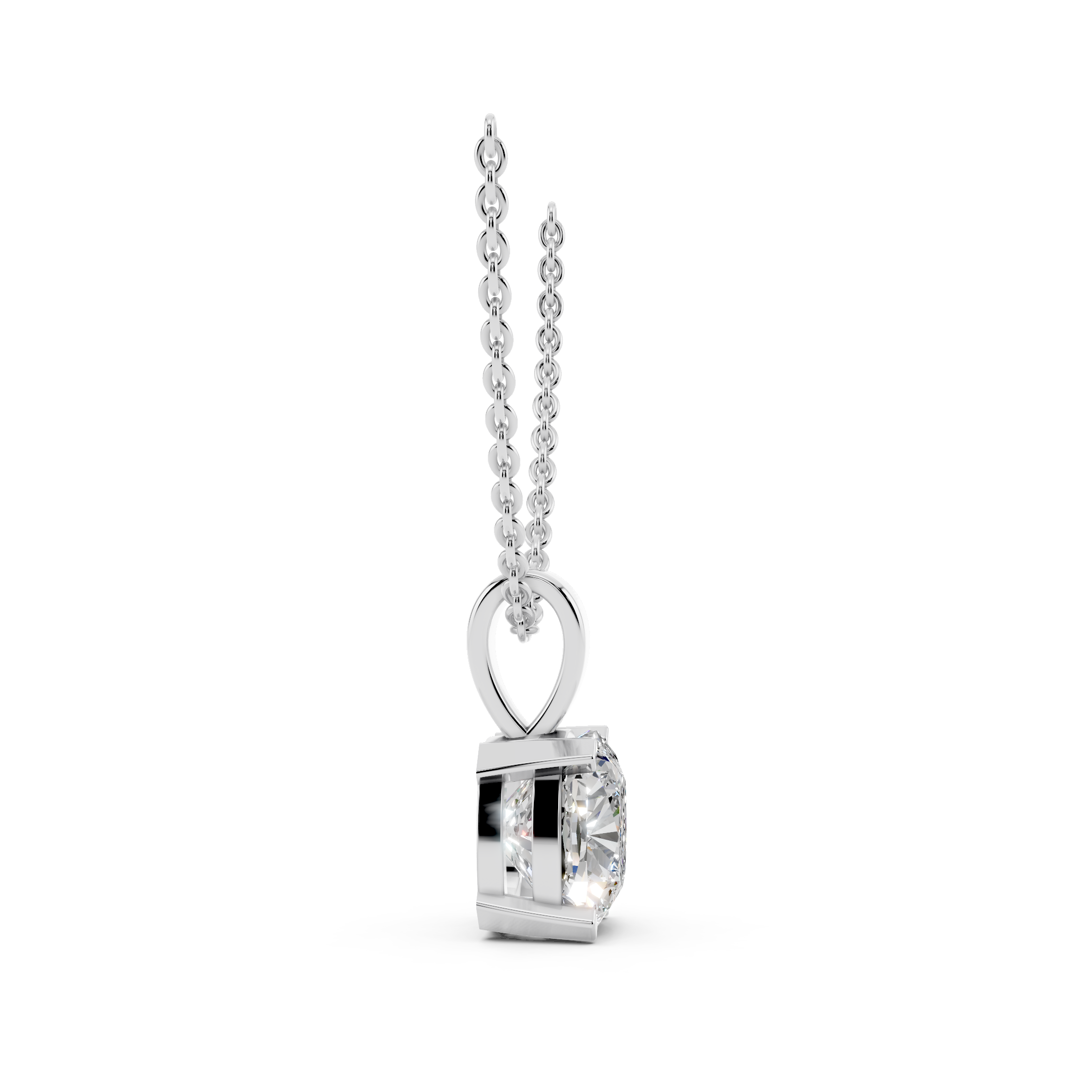 Side profile of cushion cut moissanite pendant showing light reflection and design