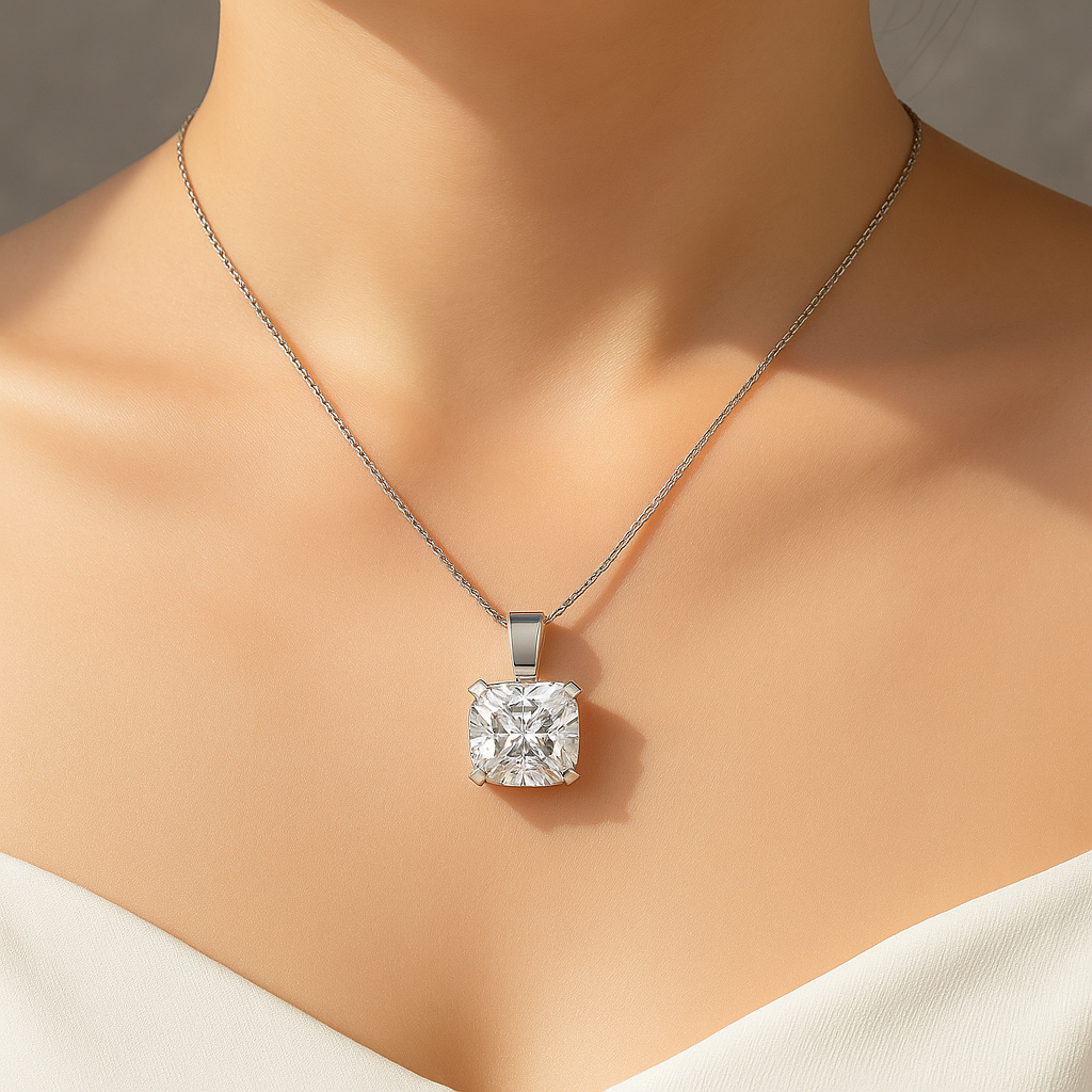 Cushion cut moissanite pendant necklace close-up on model’s neckline