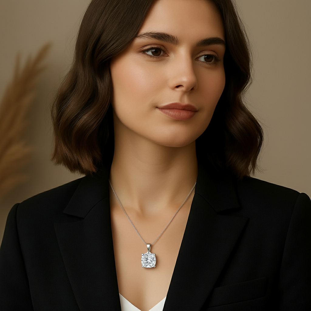 Woman wearing cushion cut moissanite pendant necklace with elegant silver chain