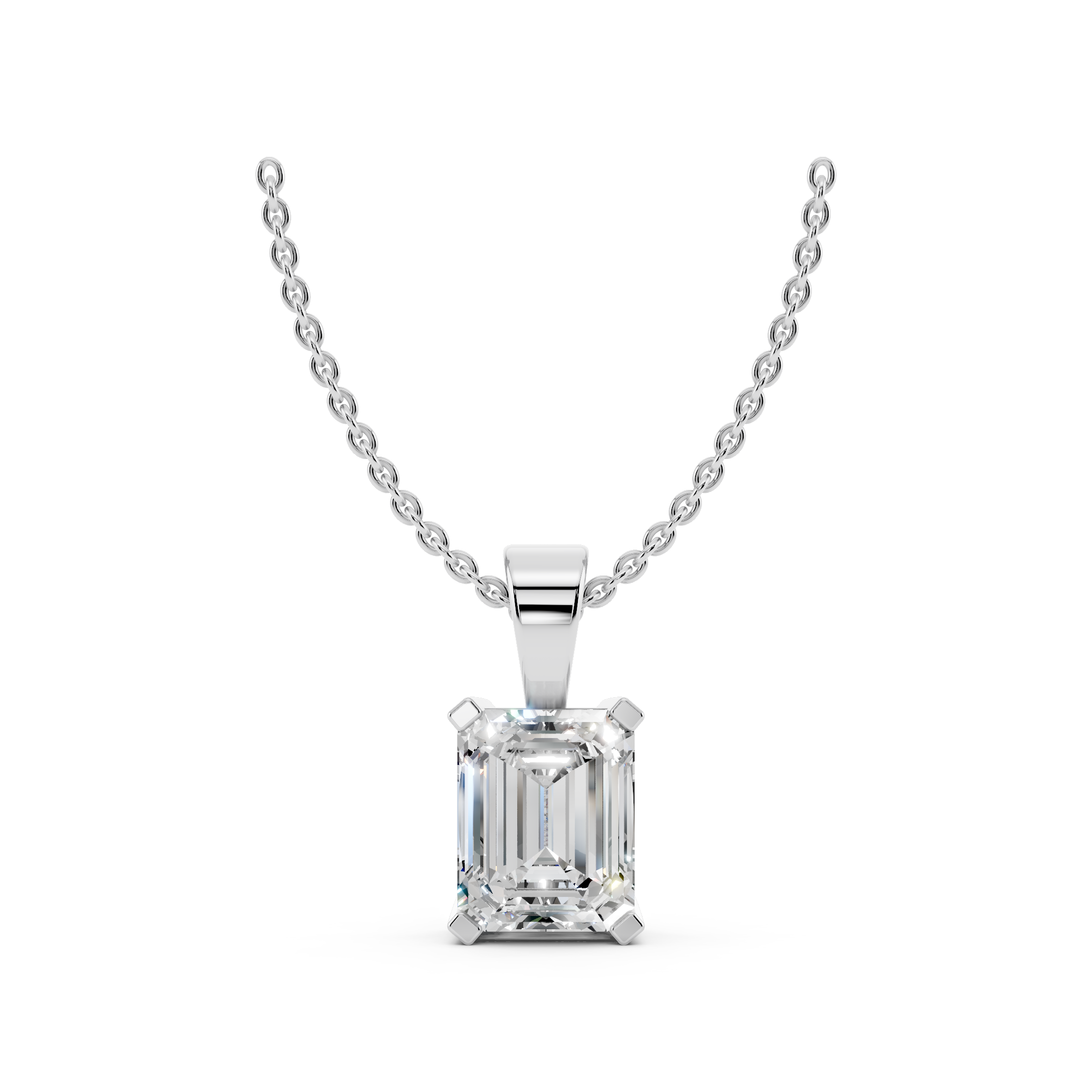 Front view of emerald cut moissanite pendant necklace 3.5 carat in sterling silver