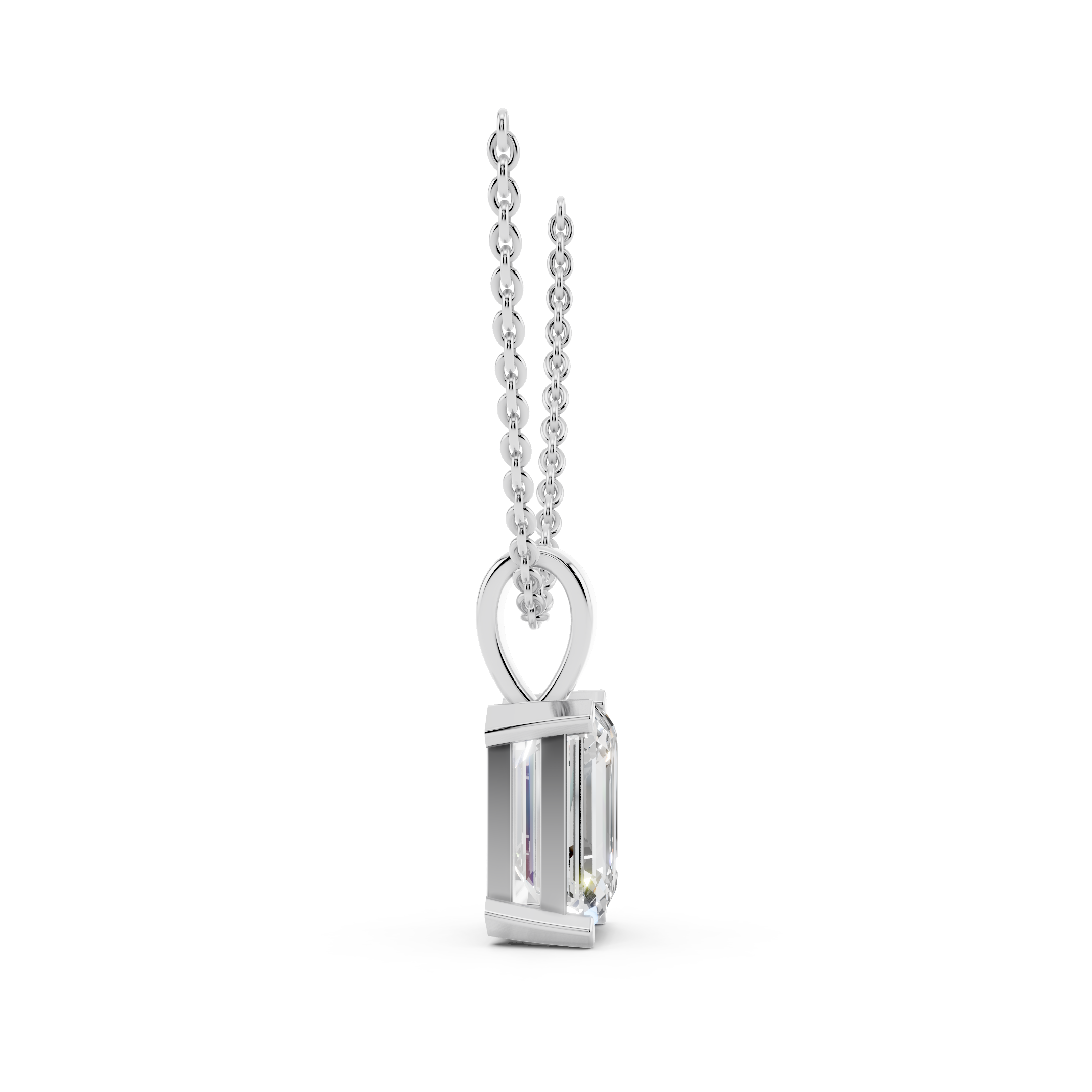 Side profile of emerald cut moissanite pendant showing step-cut brilliance and design