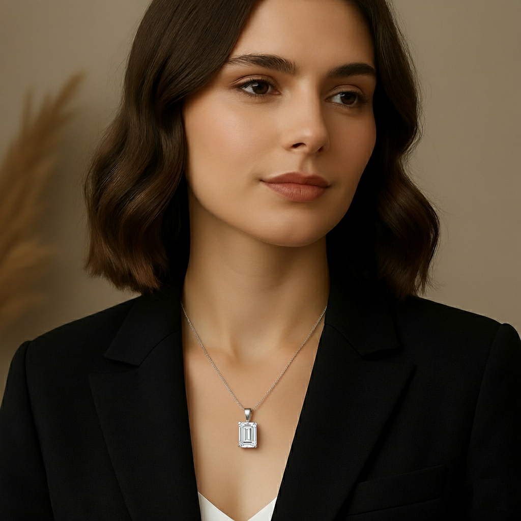Woman wearing emerald cut moissanite pendant necklace with 925 silver chain