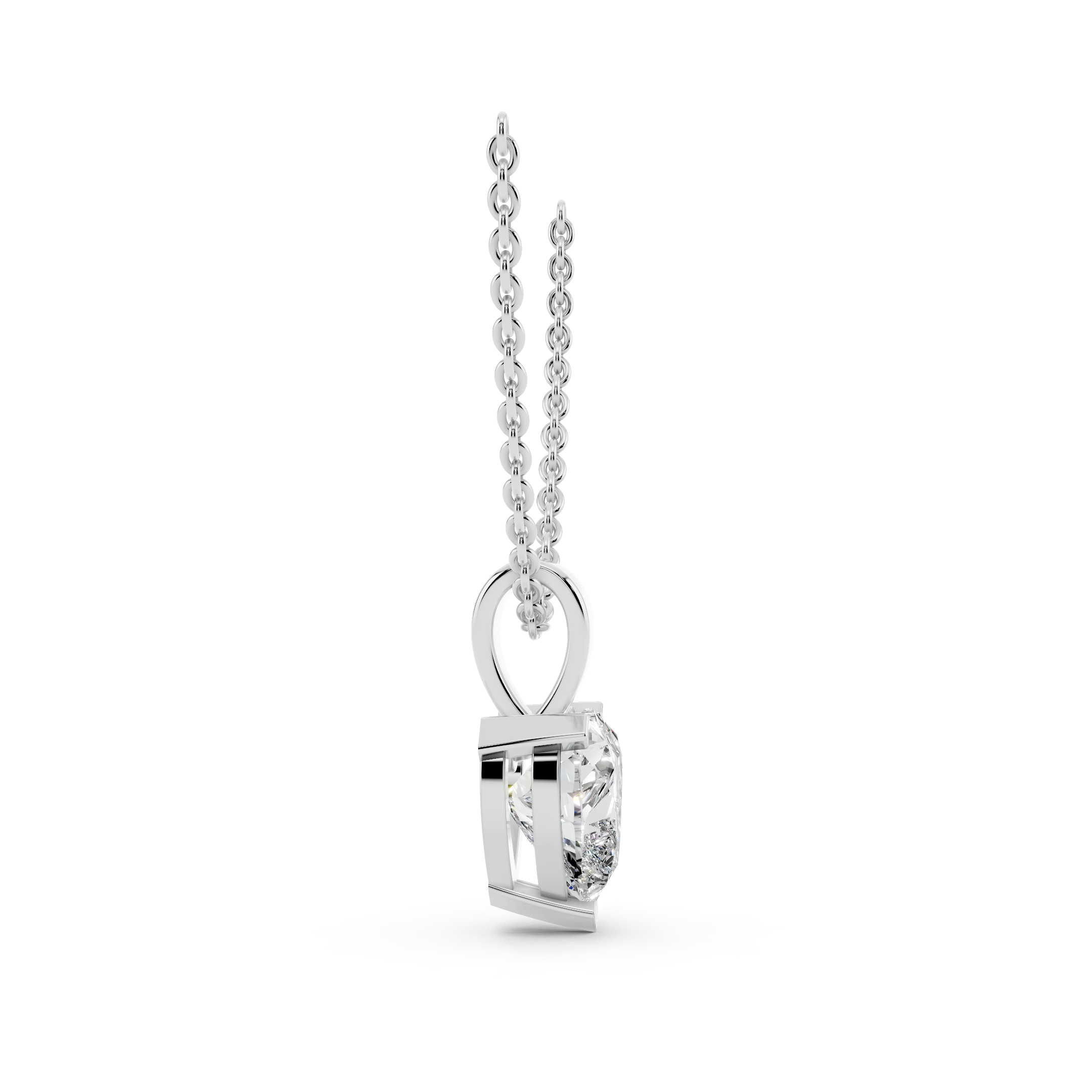 Side profile of heart cut moissanite pendant showing brilliance and detailing