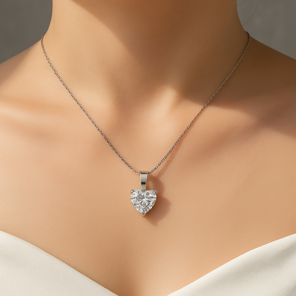 Heart cut moissanite pendant necklace close-up on model’s neckline