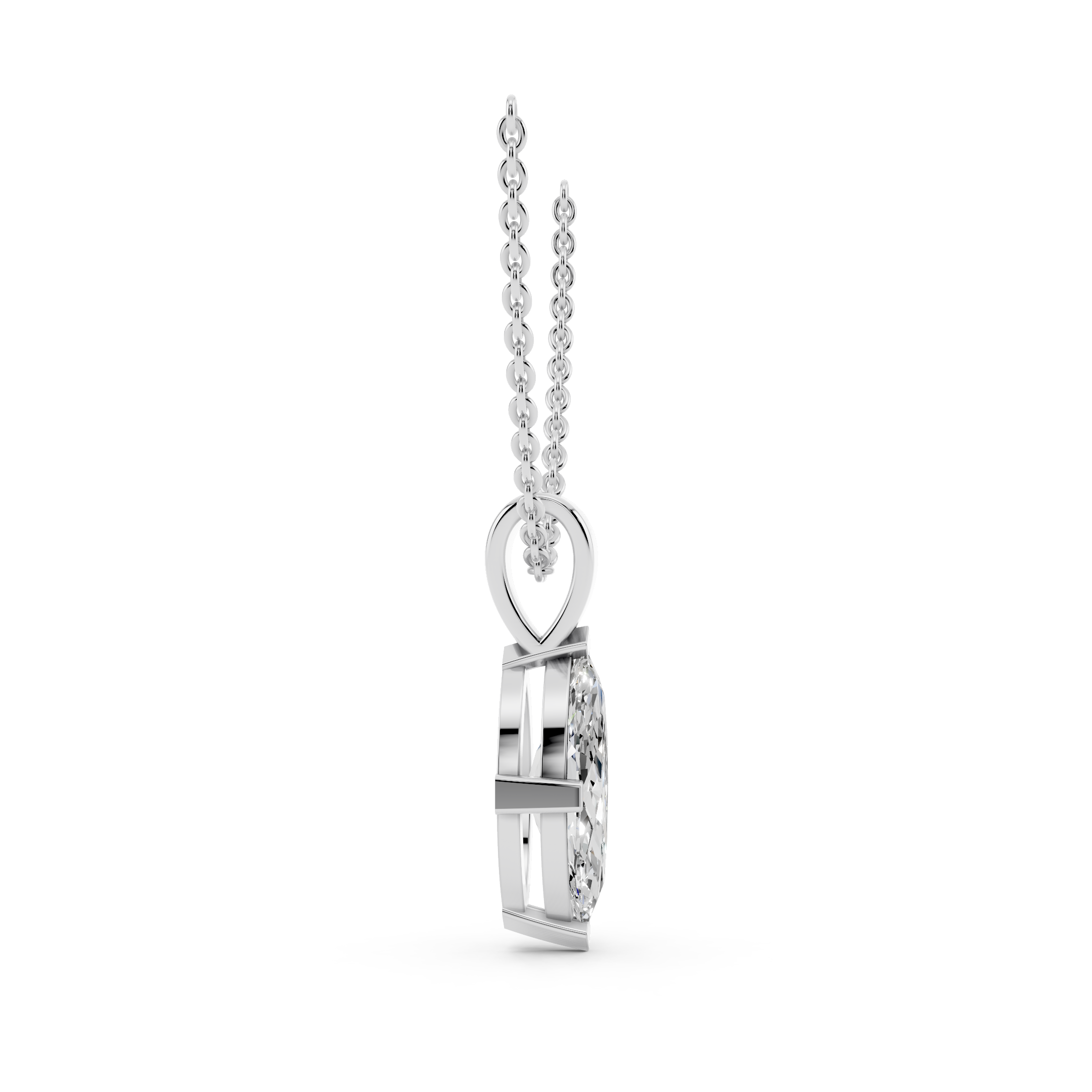 Side profile of marquise cut moissanite pendant showing elegant setting and detail