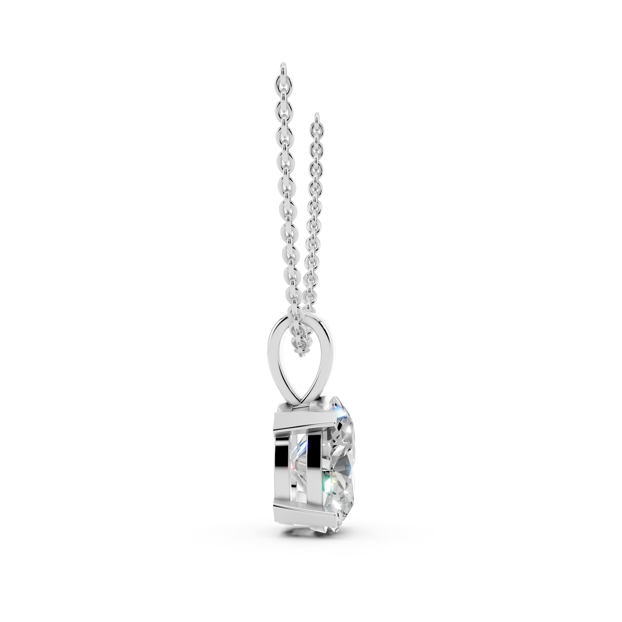 Side profile of oval cut moissanite pendant showing brilliance and prong setting