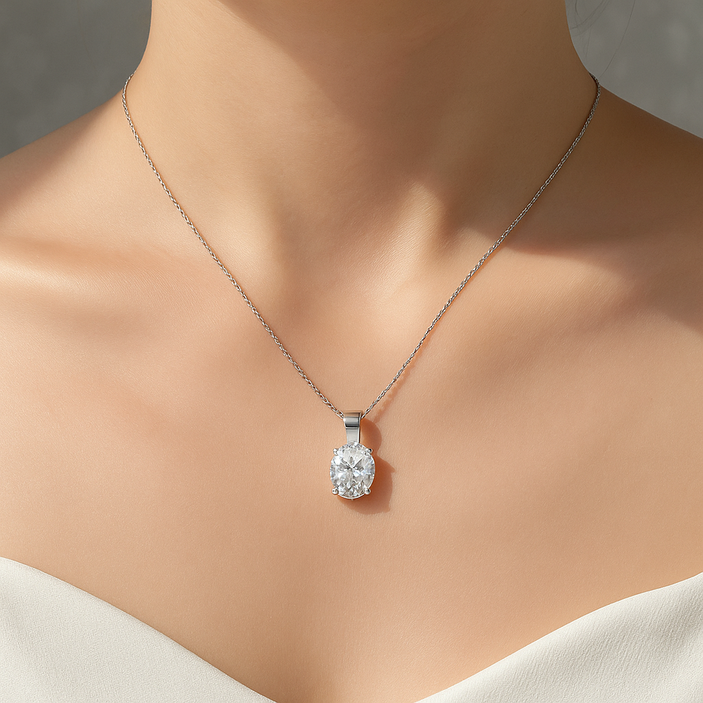 Oval cut moissanite pendant on neck showcasing elegant sparkle and shine