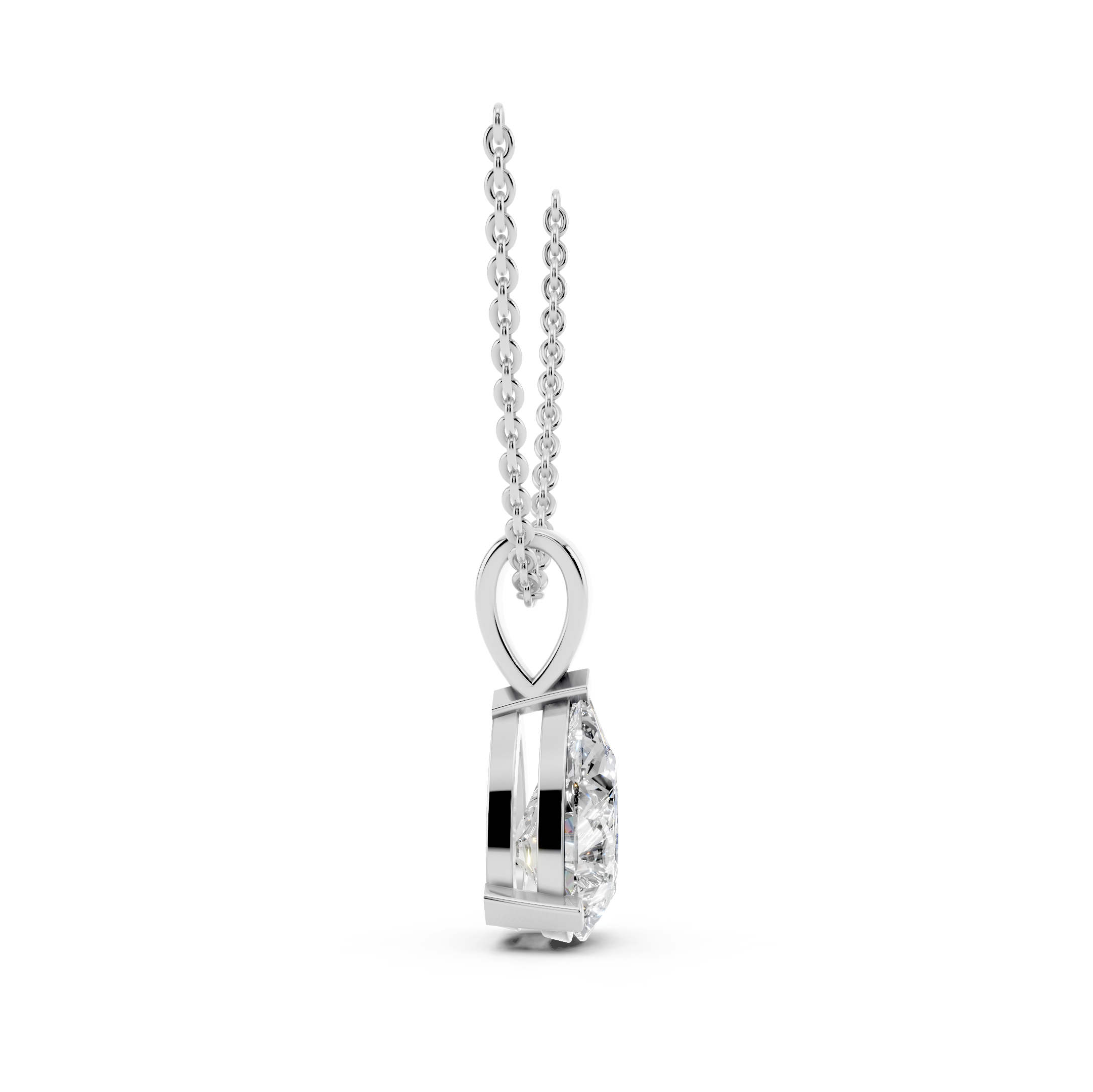 Side profile of pear cut moissanite pendant showing stone depth and shine