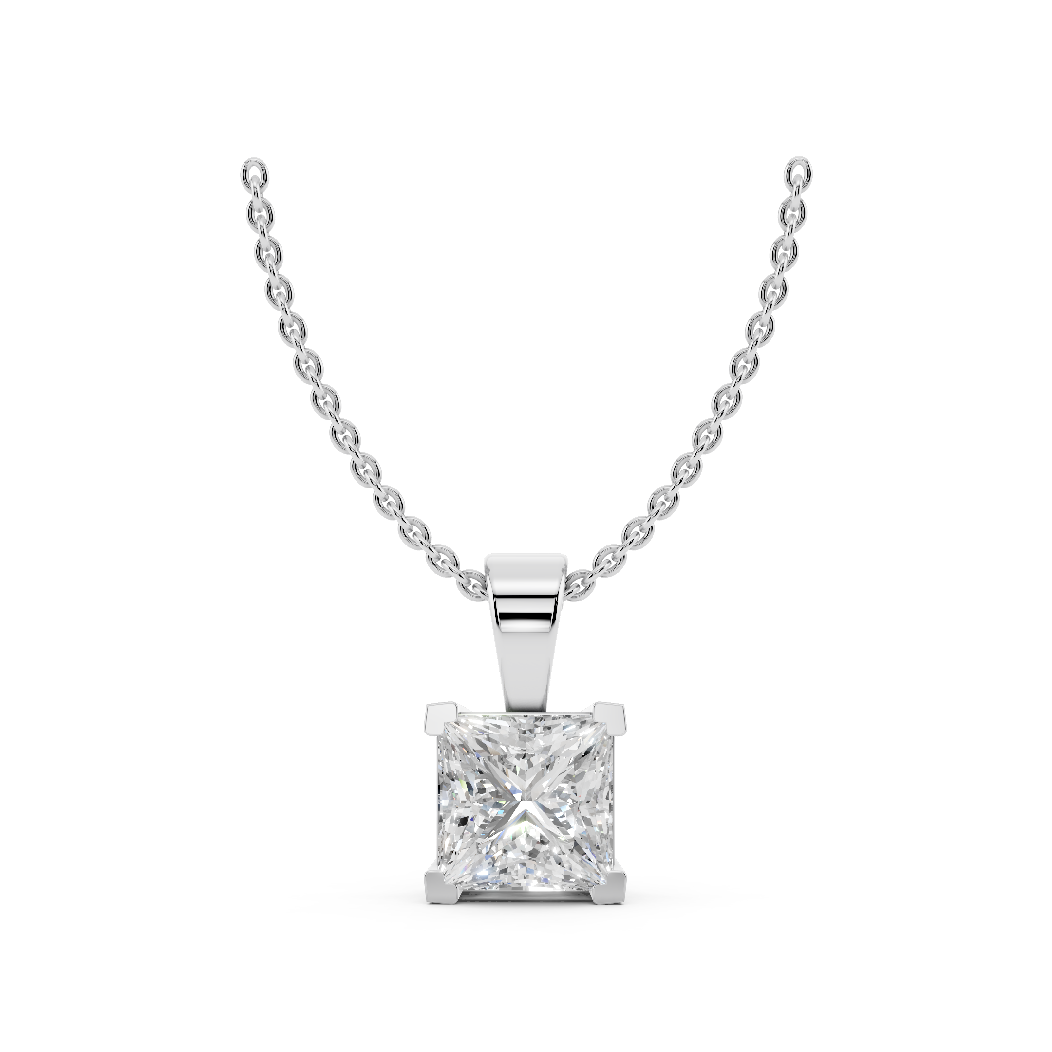Front view of princess cut moissanite pendant necklace 2.5 carat in sterling silver