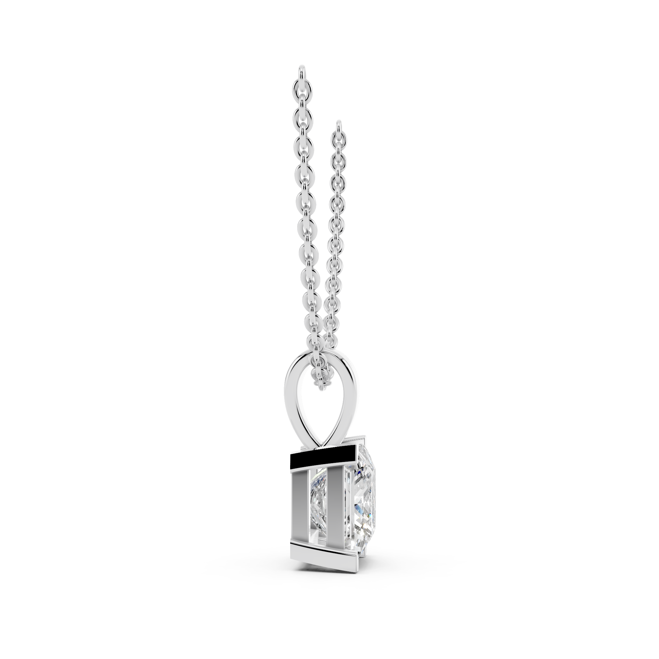 Side profile of princess cut moissanite pendant showing diamond brilliance
