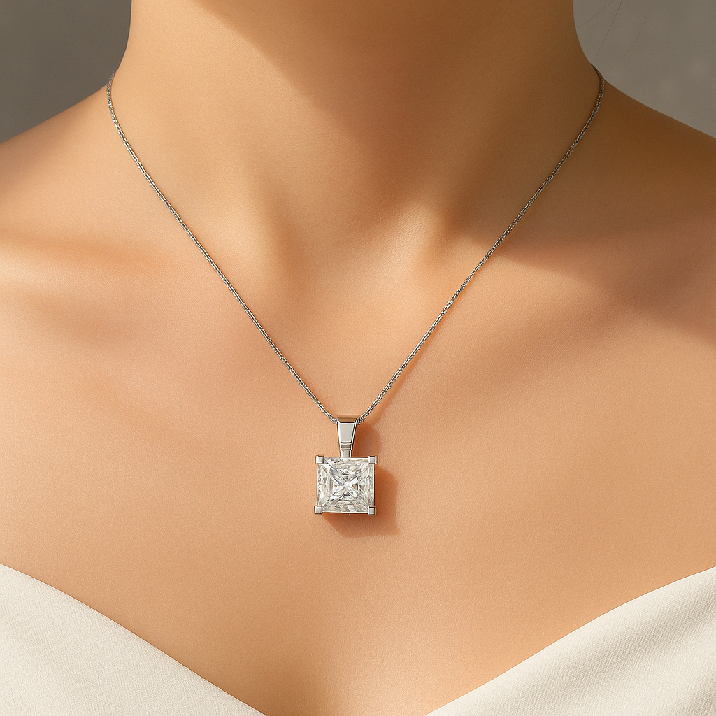 Princess cut moissanite pendant necklace worn around neck close-up