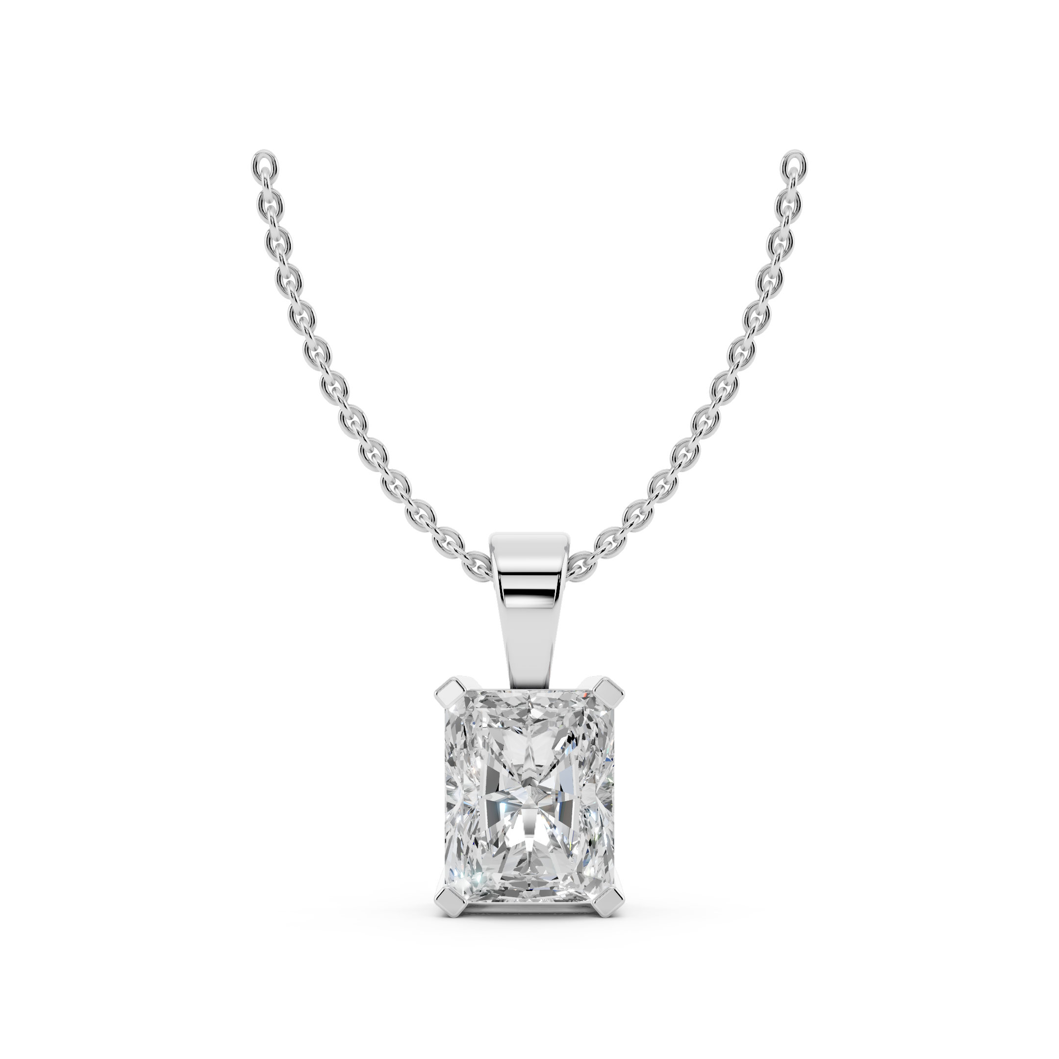 Front view of radiant cut moissanite pendant necklace 3.5 carat in sterling silver