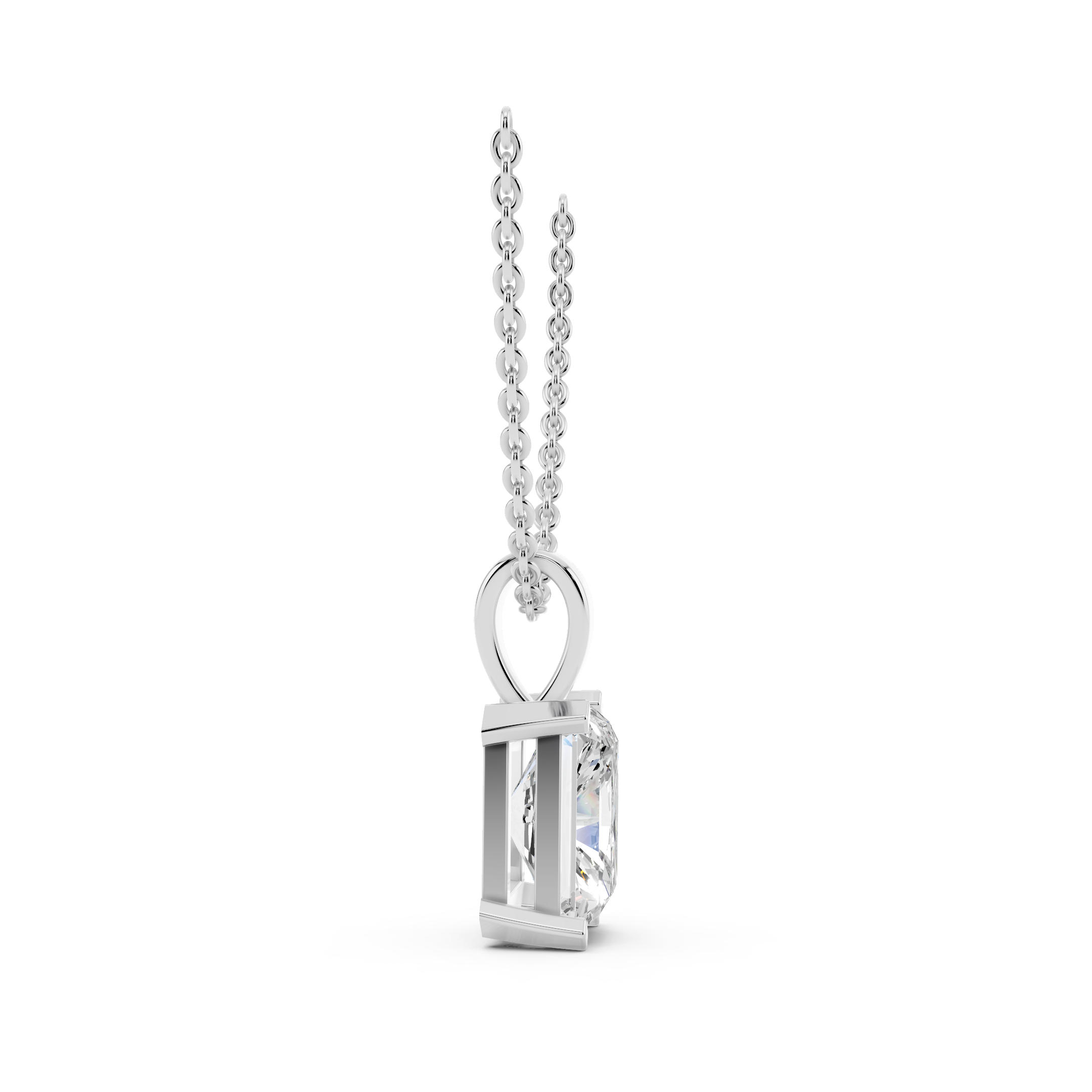 Side profile of radiant cut moissanite pendant highlighting stone brilliance