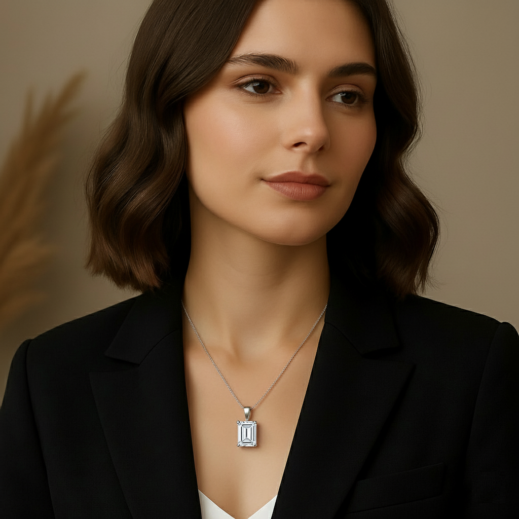 Woman wearing radiant cut moissanite pendant necklace with silver chain
