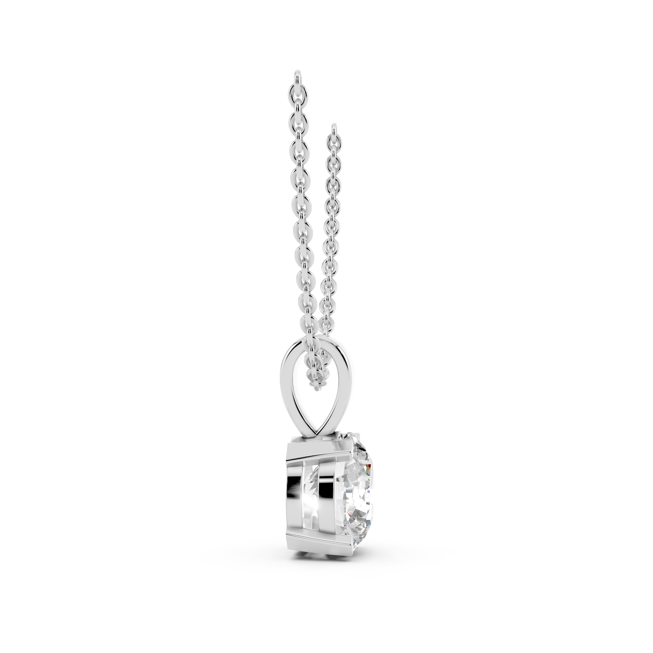 Side profile of round cut moissanite pendant showing brilliance and setting