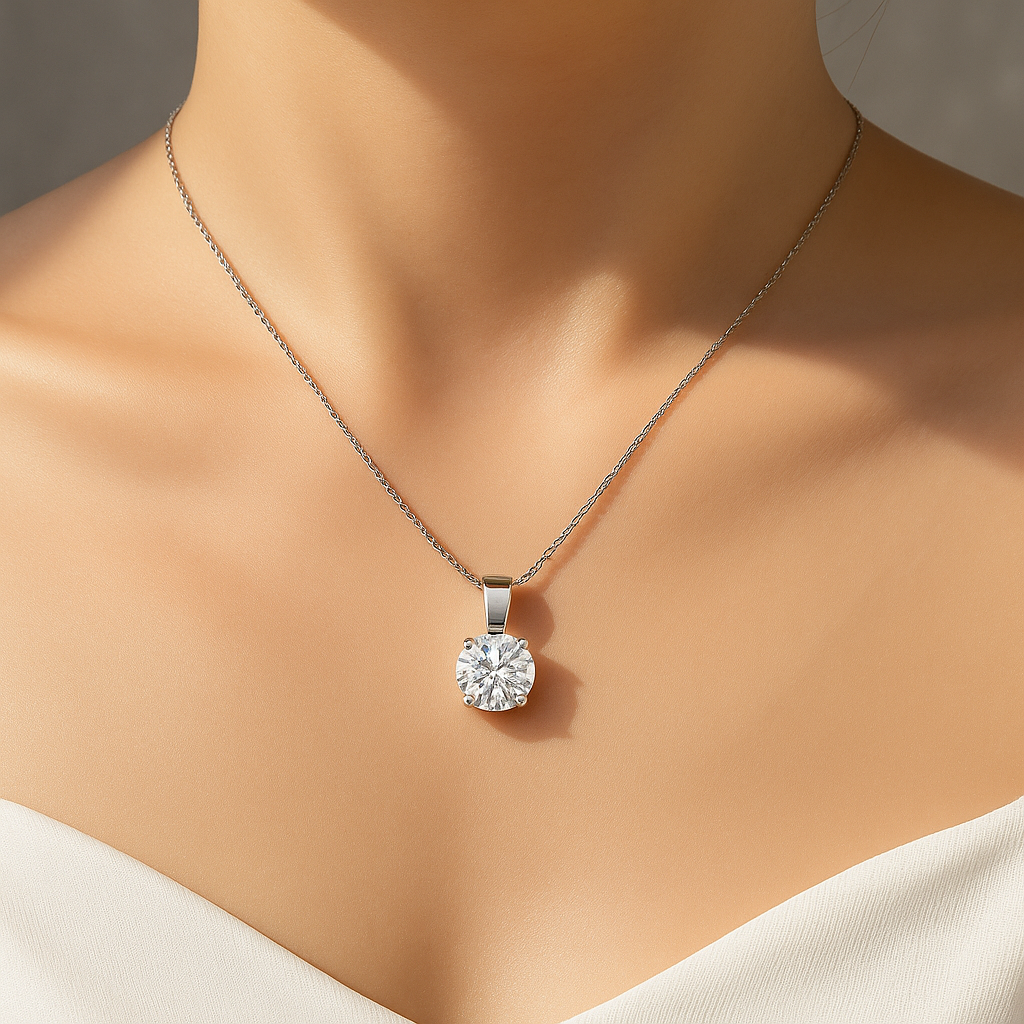 Round cut moissanite pendant necklace close-up on model’s neckline