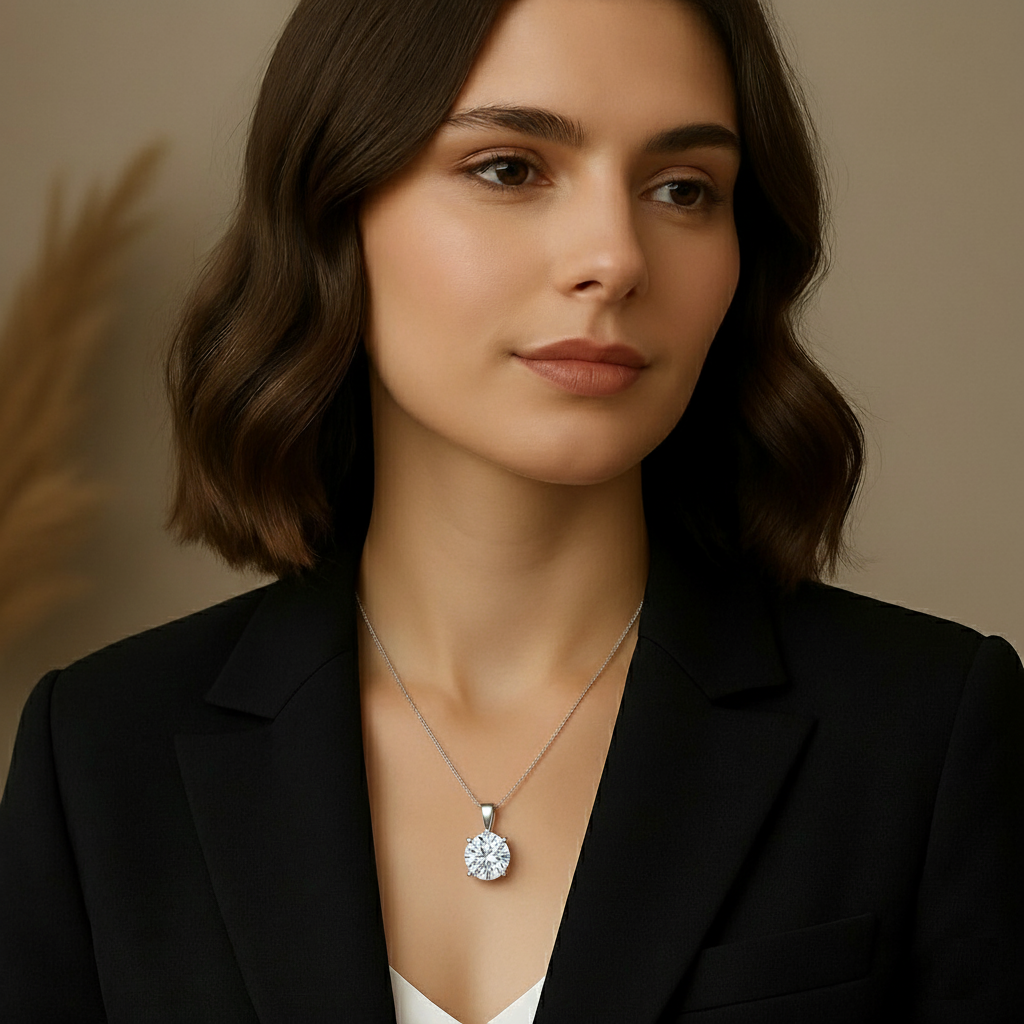 Woman wearing round cut moissanite pendant necklace with silver chain