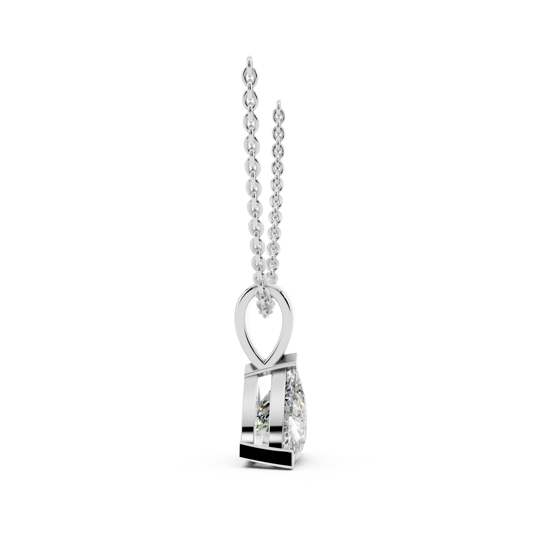 Side profile of trilliant cut moissanite pendant showing brilliance and depth