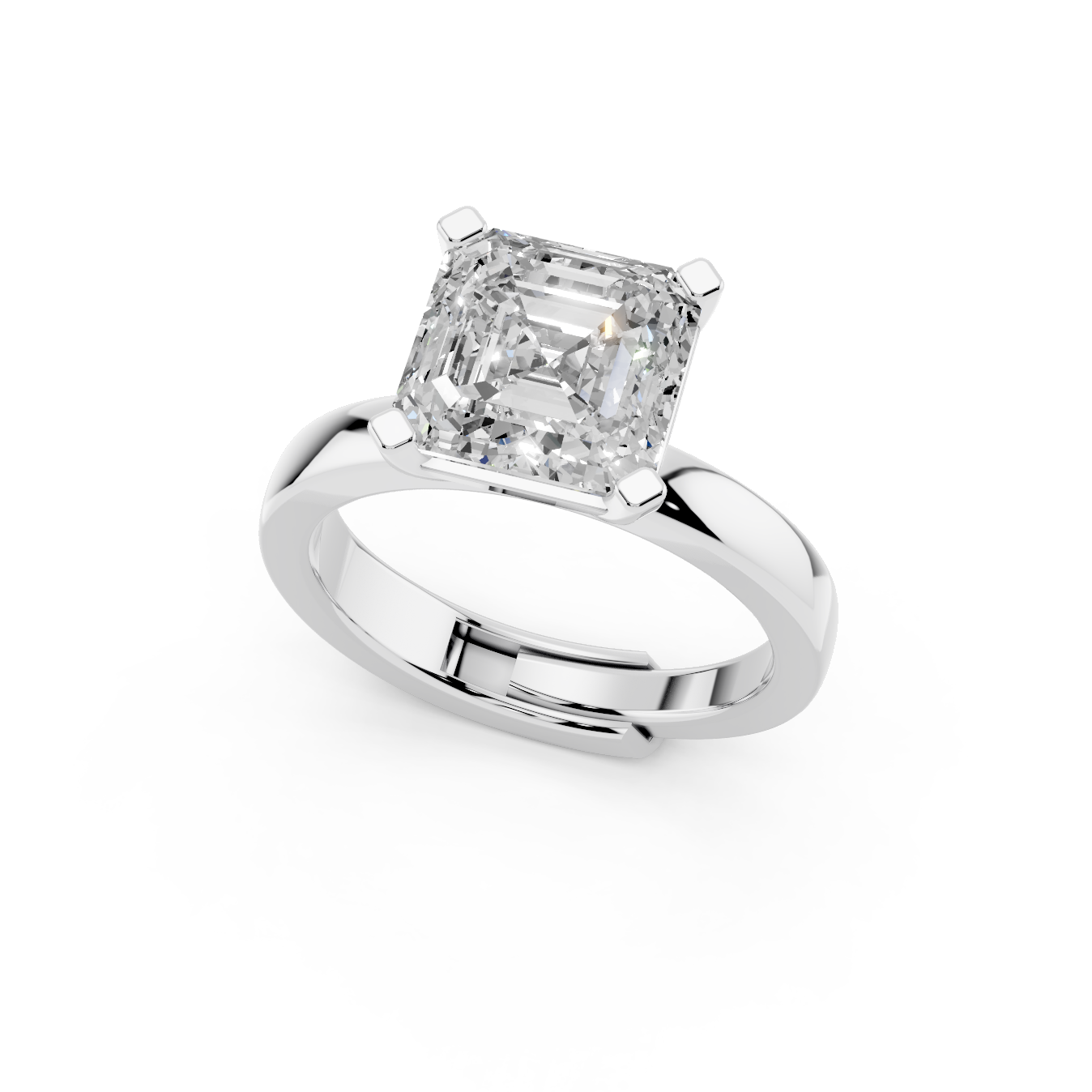 Asscher cut moissanite engagement ring 2.5 carat solitaire angled view in 925 silver