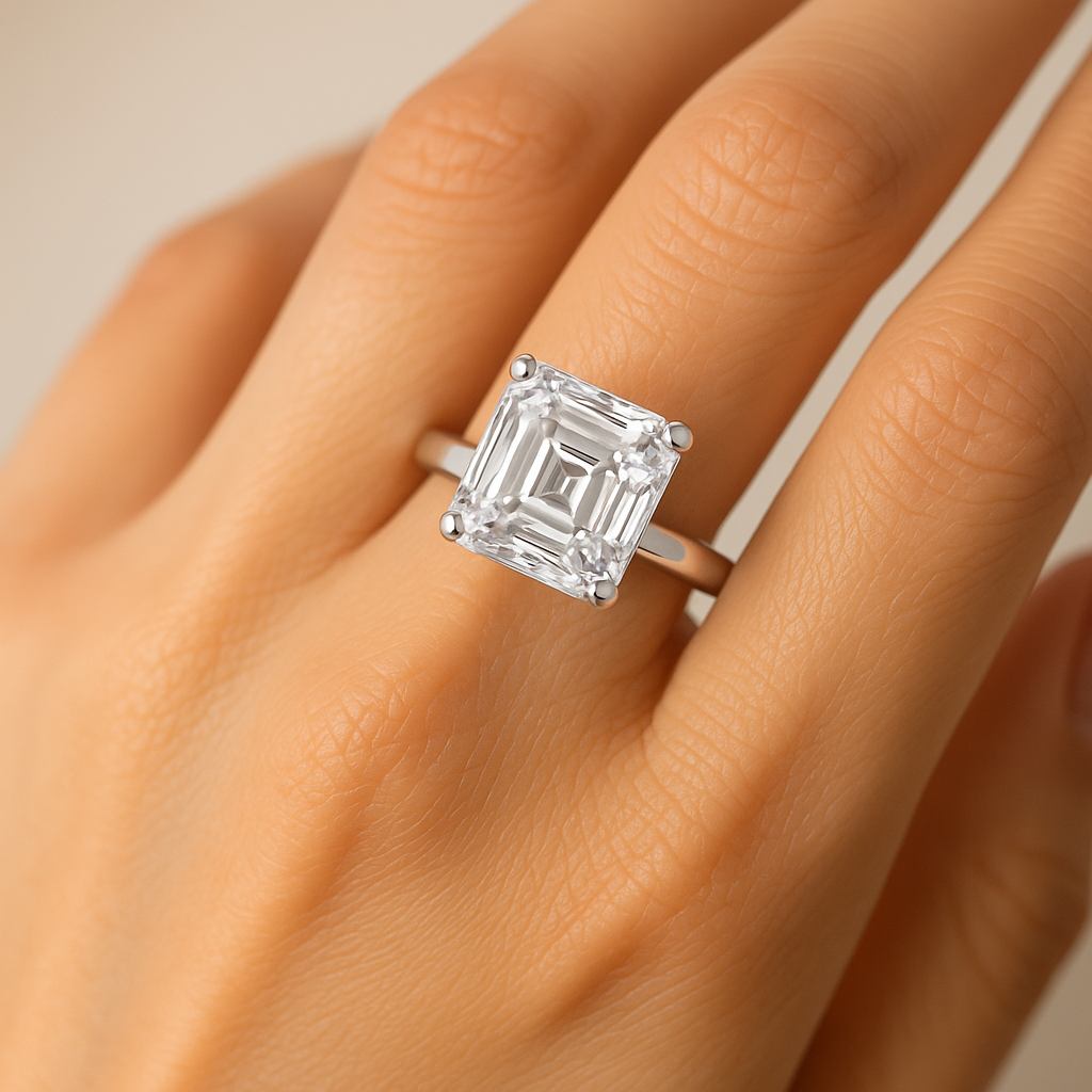 Asscher cut moissanite engagement ring on hand showing 2.5 carat sparkle and symmetry